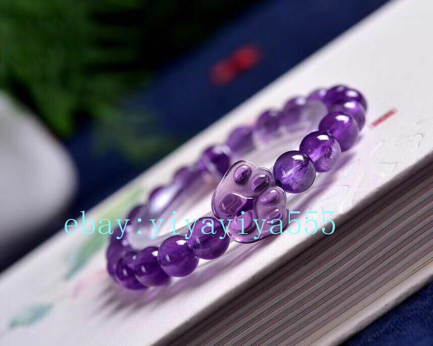 Natural Purple Amethyst Quartz Crystal Beads Bracelet With Carved Cat Paw Claw