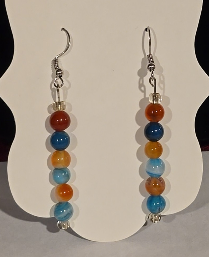 Multicolor Agates Gemstone Bead Earrings Fish Hook Back New Red Blues Oranges