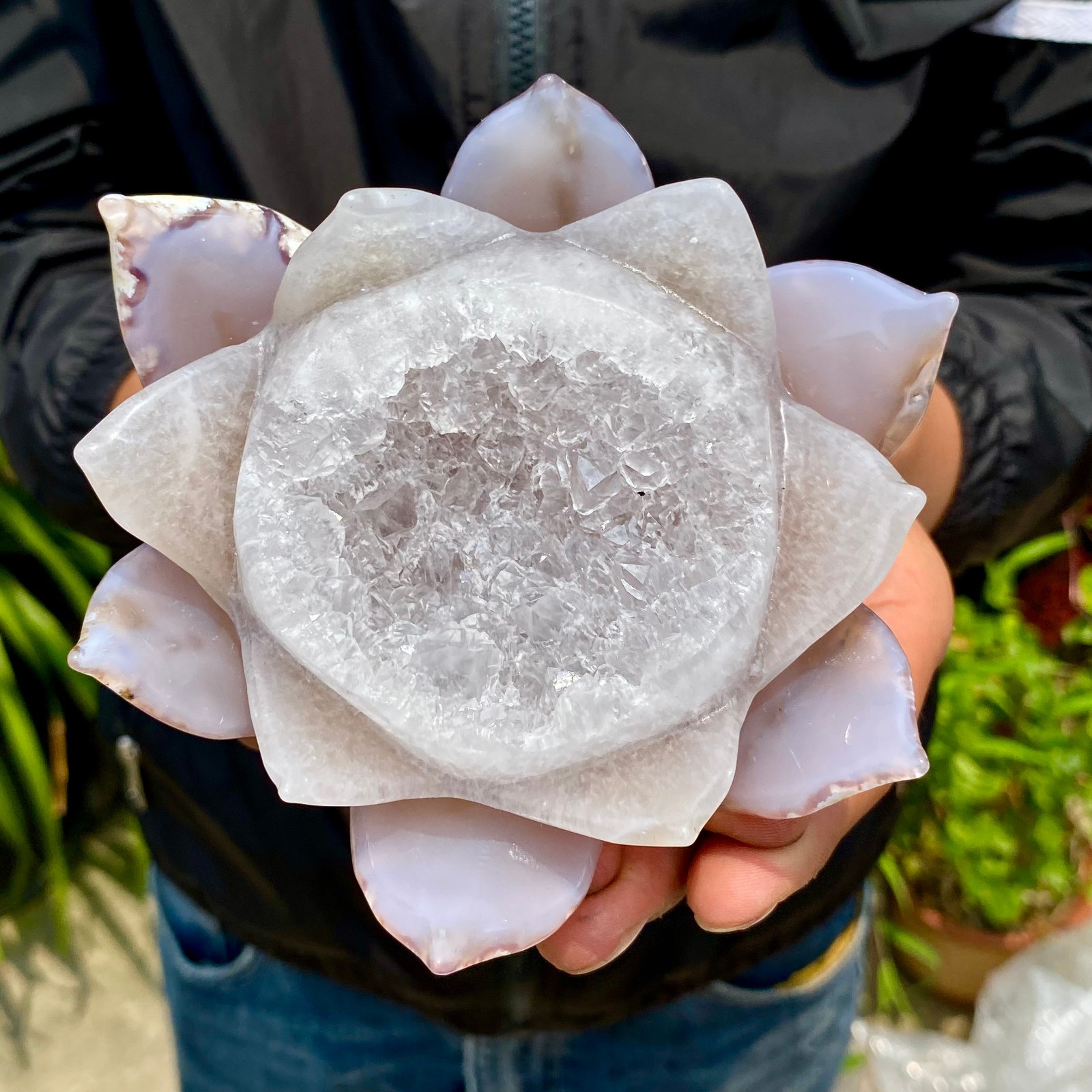 1.23LB Natural Agate Geode Carved Lotus Flower, Hand Carved Healing Crystal Home