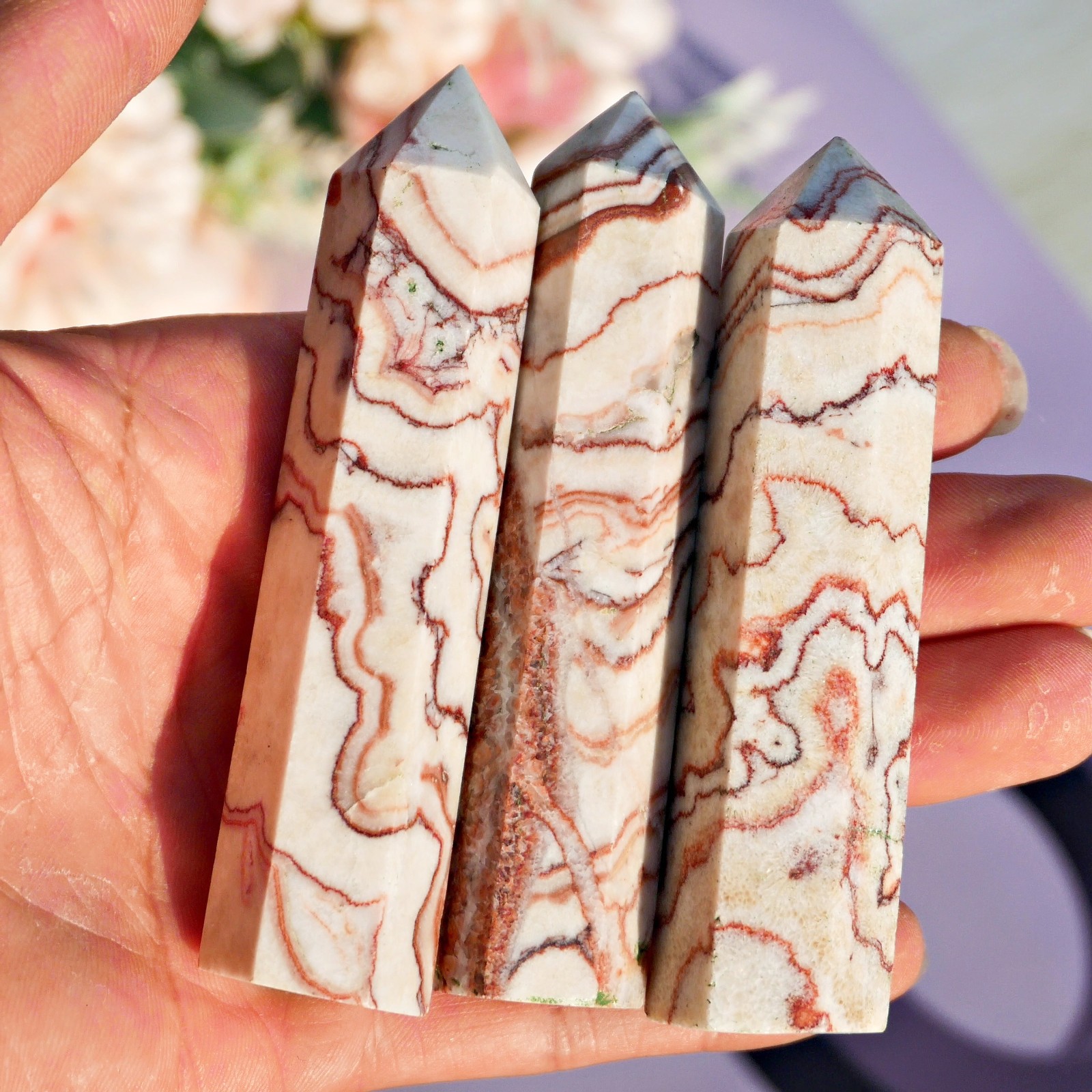 9CM Pink Cloud Jasper Point Crystal Tower Healing Gemstone Polished Pink Wand 1P