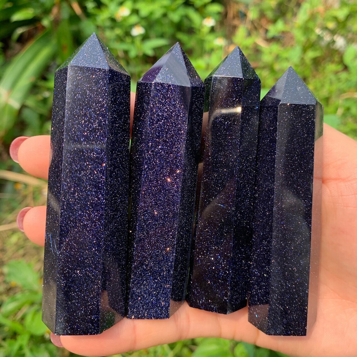 1 PCS 3 inch Blue Goldstone Point Obelisk Galaxy Space Crystal Tower Wand Decor