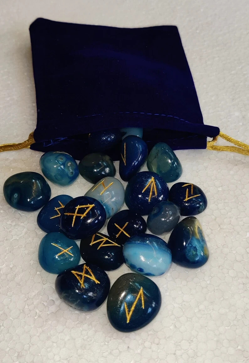 Natural AAA Blue Onyx Rune Stones Set (25 Pcs) for Divination & Healing