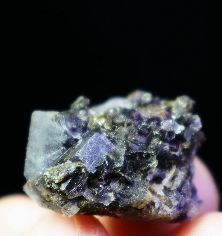 Natural Purple Cube Fluorite Phantom Stibnite Quartz Crystal Mineral Specimen