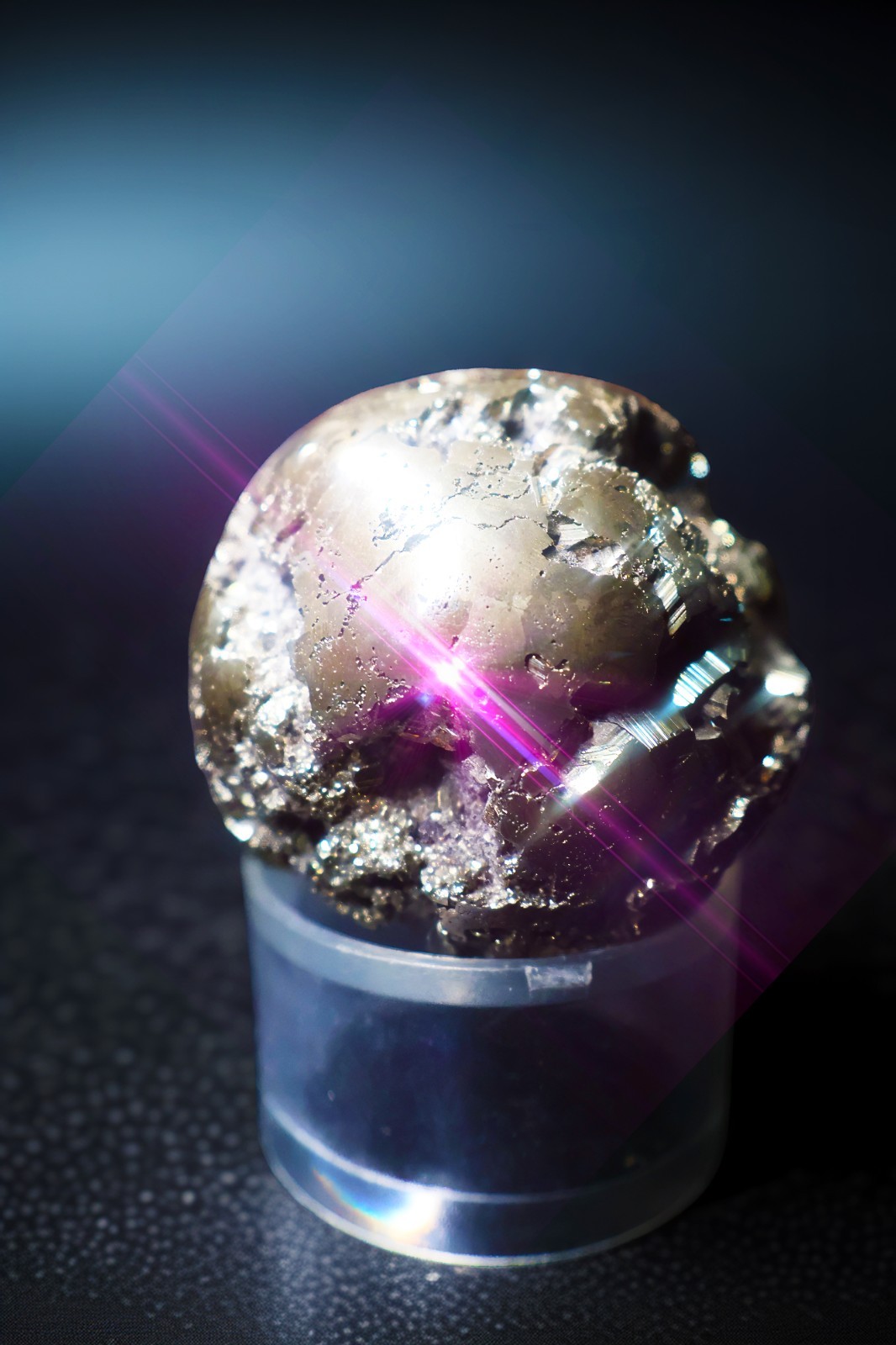 Pyrite Crystal Sphere with Plastic Display Base – Metallic Textured Mineral Ball