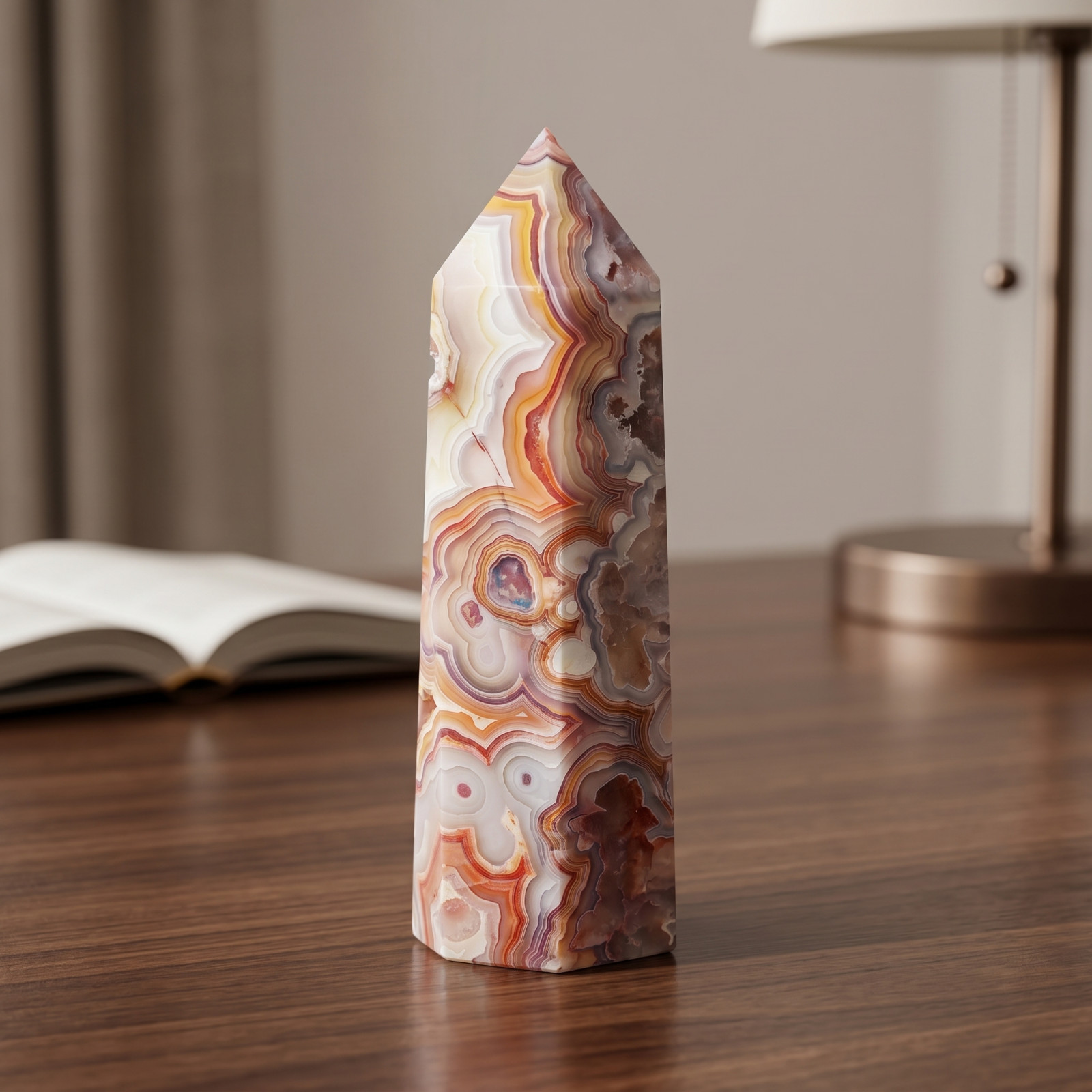Crazy Lace Agate Crystal Point Tower Natural Stone Home Office Desk Decor Gift