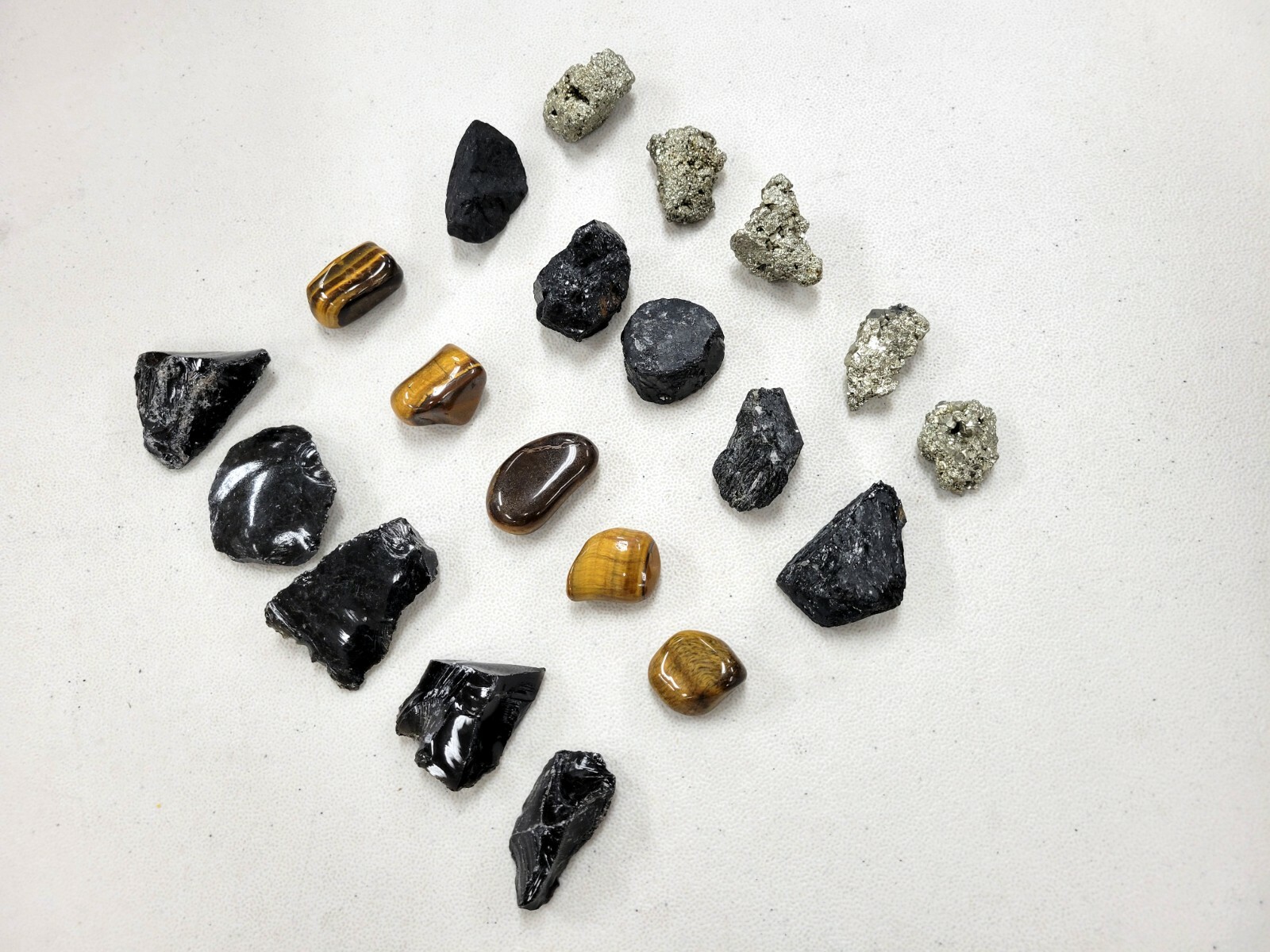 Crystals for Protection Set, Black Tourmaline Pyrite Tigers Eye Black Obsidian