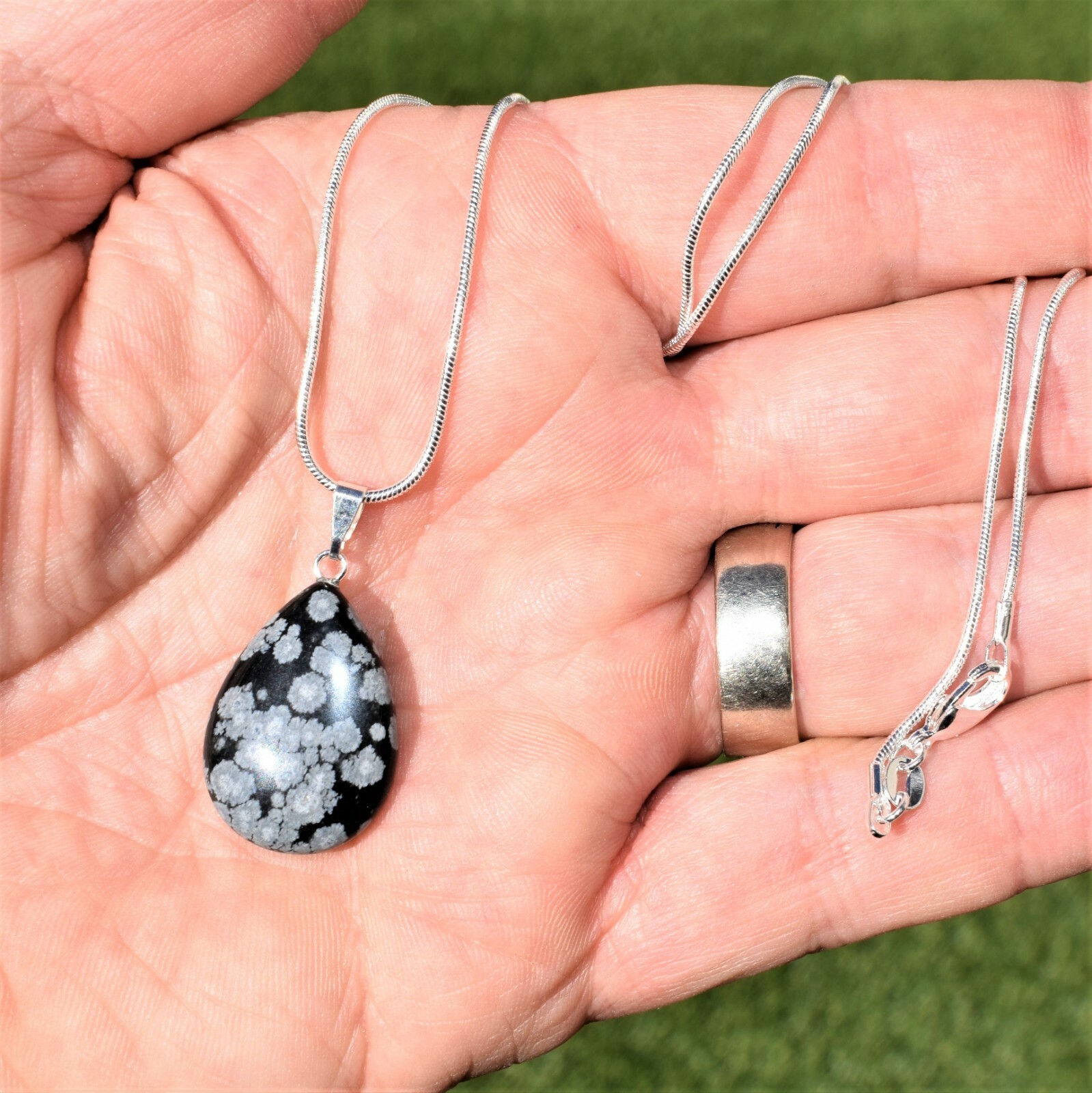 Charged Natural Snowflake Obsidian Teardrop Pendant + 20″ Stainless Steel Chain