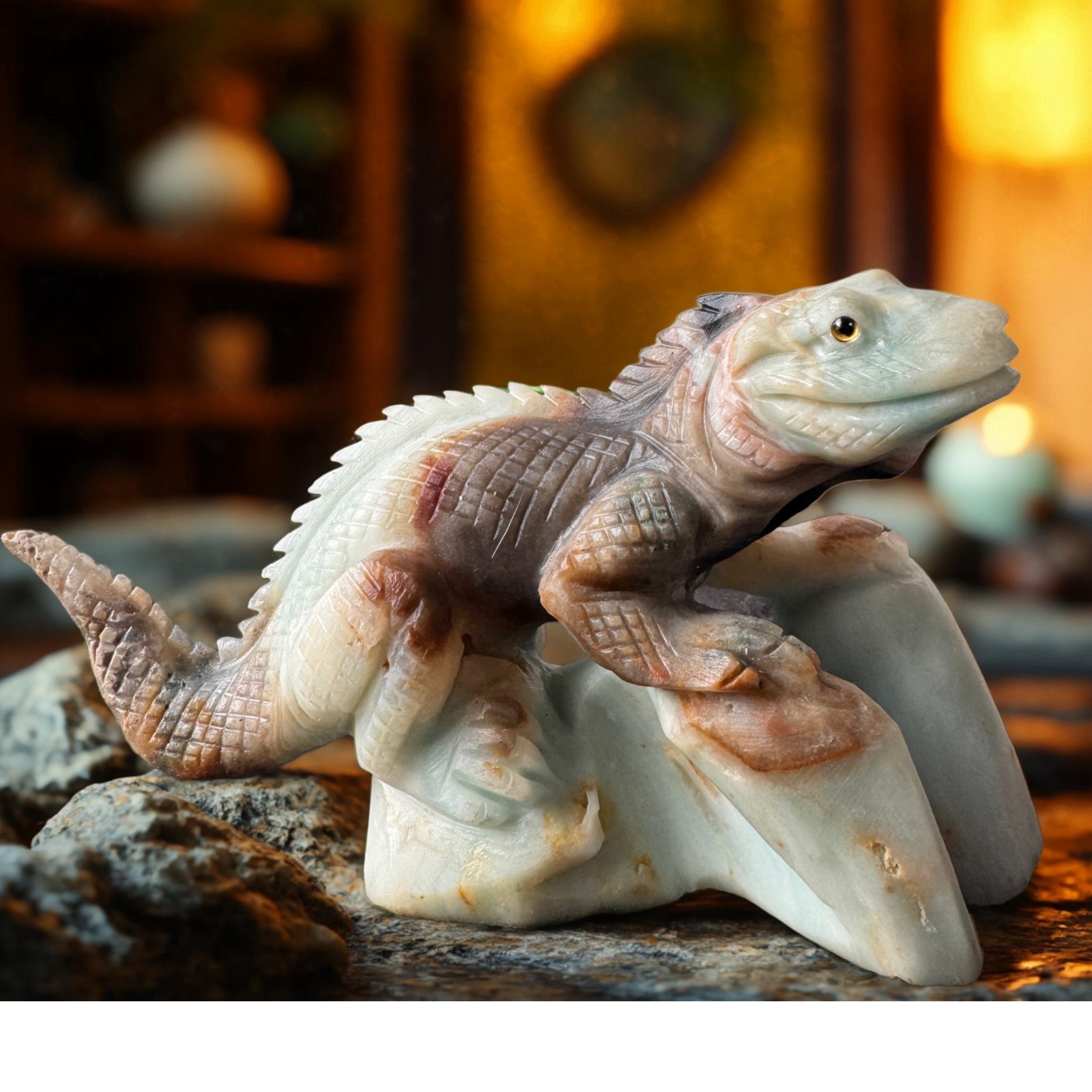 Solid Amazonite Lizard Sculpture, Artisan Carved – Symbol of Regeneration & Pois