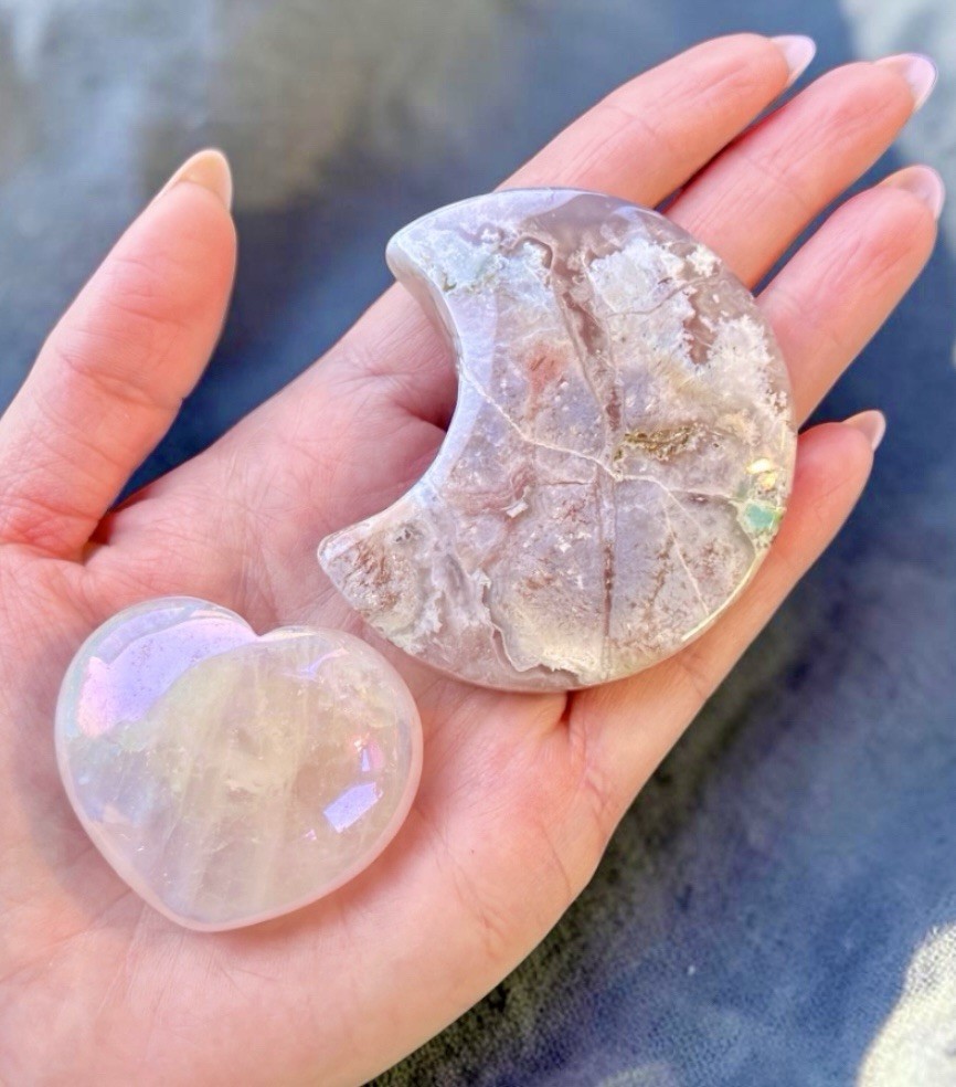 Pink Flower Agate Crescent Moon Set Aura Rose Quartz Heart Crystal Bundle 4pc