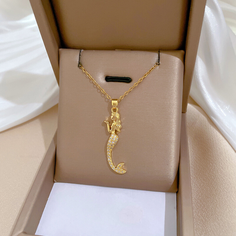 Women’s Fashion Jewelry Zircon Gold Mermaid Pendant Temperament Necklace 1PC