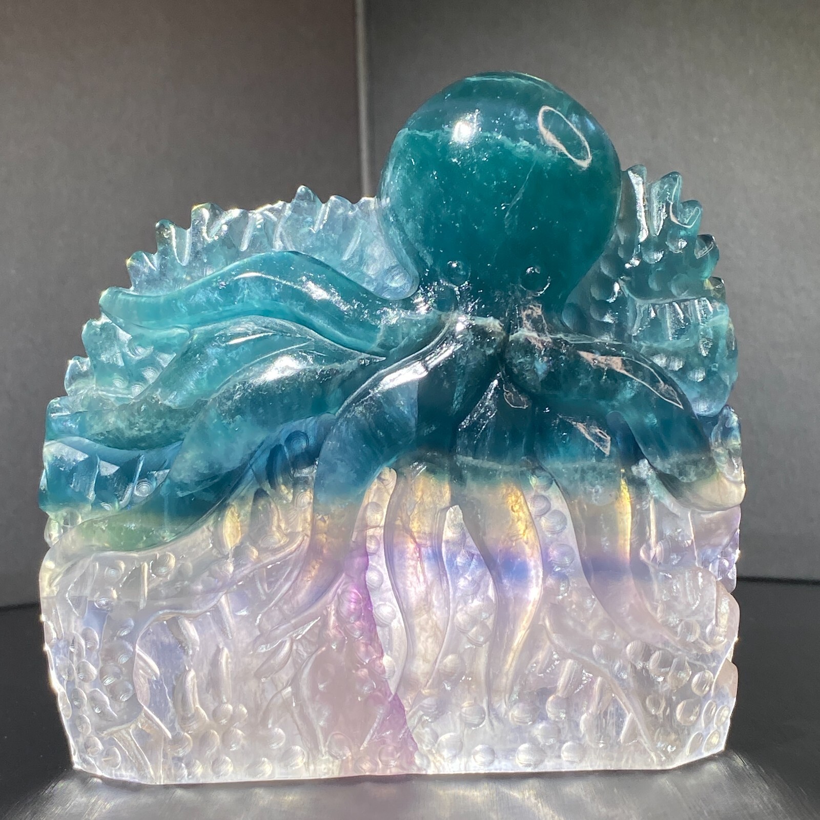 435g Natural fluorite octopus Carved Quartz Crystal Skull Reiki Healing 1PC