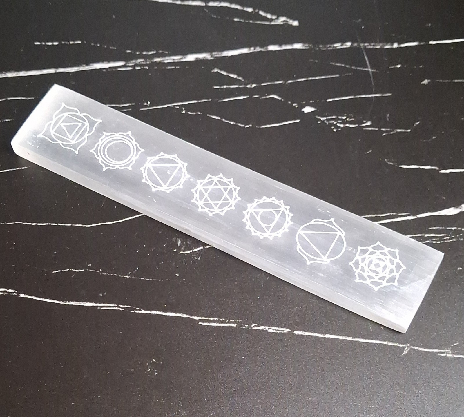 Selenite Rectangular Crystal Slab with Engraved Chakra Symbols 10 inch