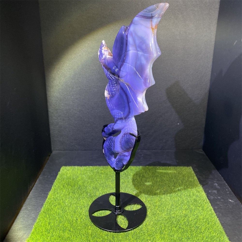 1.4LB 12.8″ A+Blue Flower Agate Dragon Statue Crystal Reiki Carving Quartz Decor