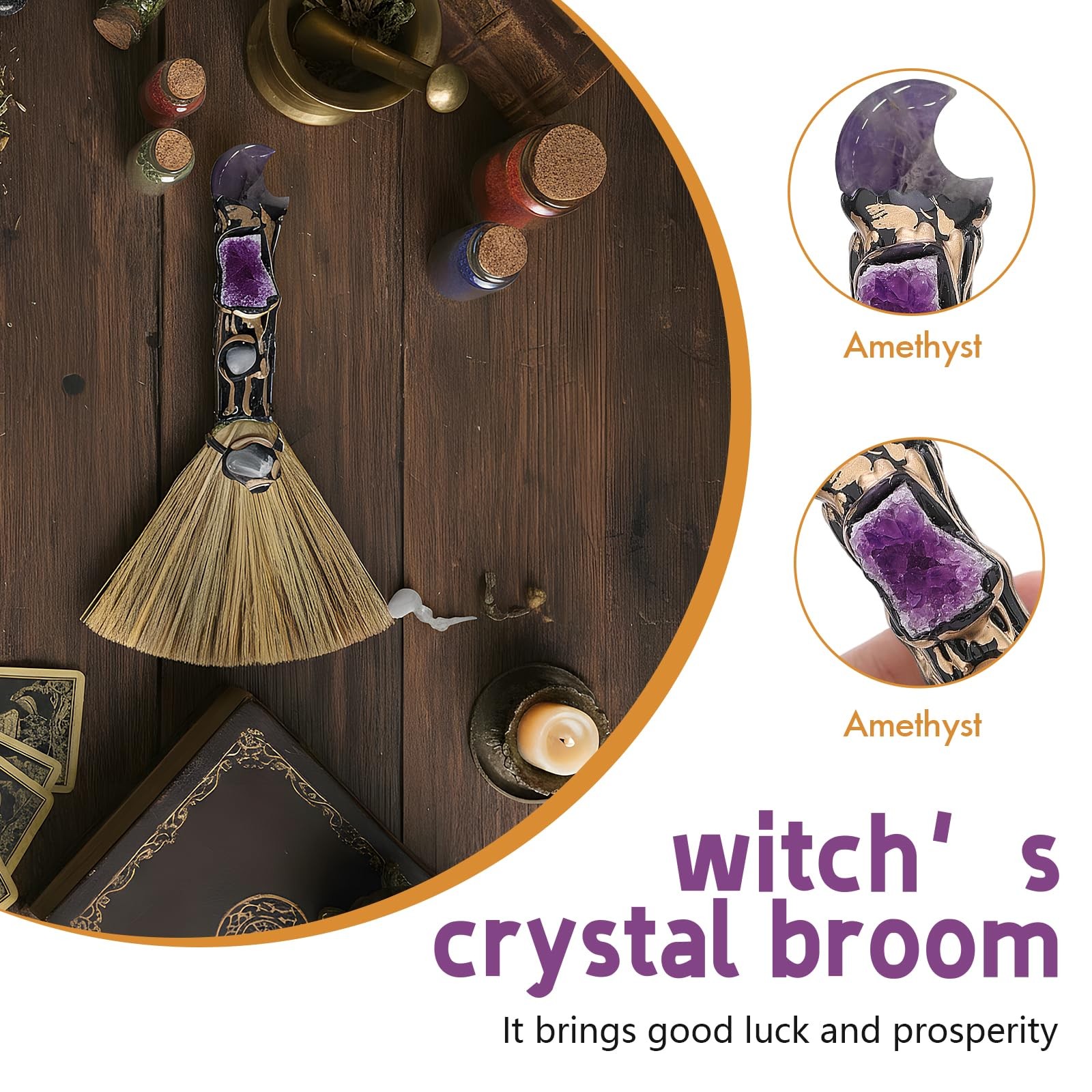 Crystal Witch Altar Broom Moon Design Amethyst Natural Healing Crystals Reiki