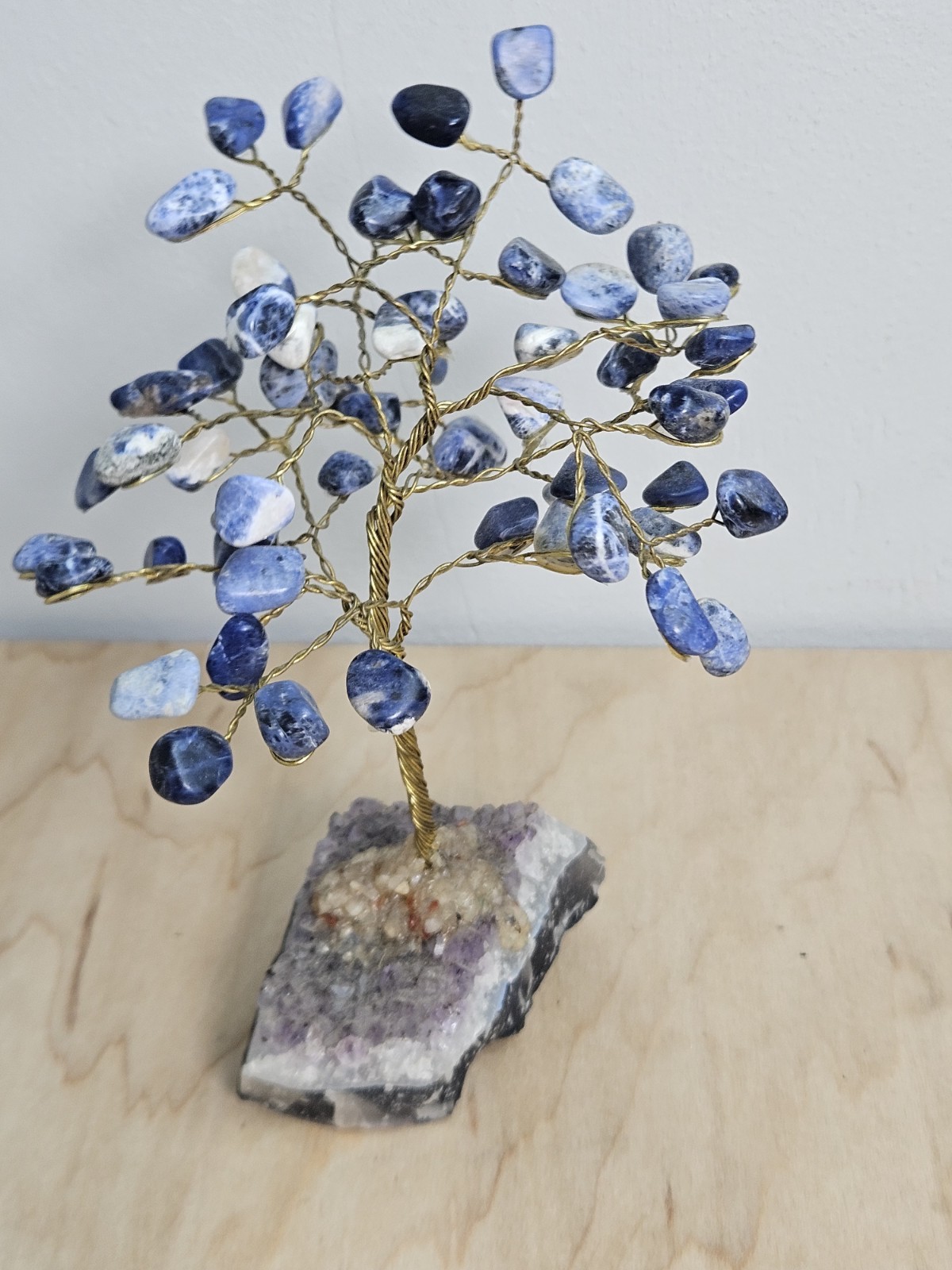 Sodalite Gemstone Tree on Amethyst Cluster Base Crystal Bonsai Decor 6″ Tall