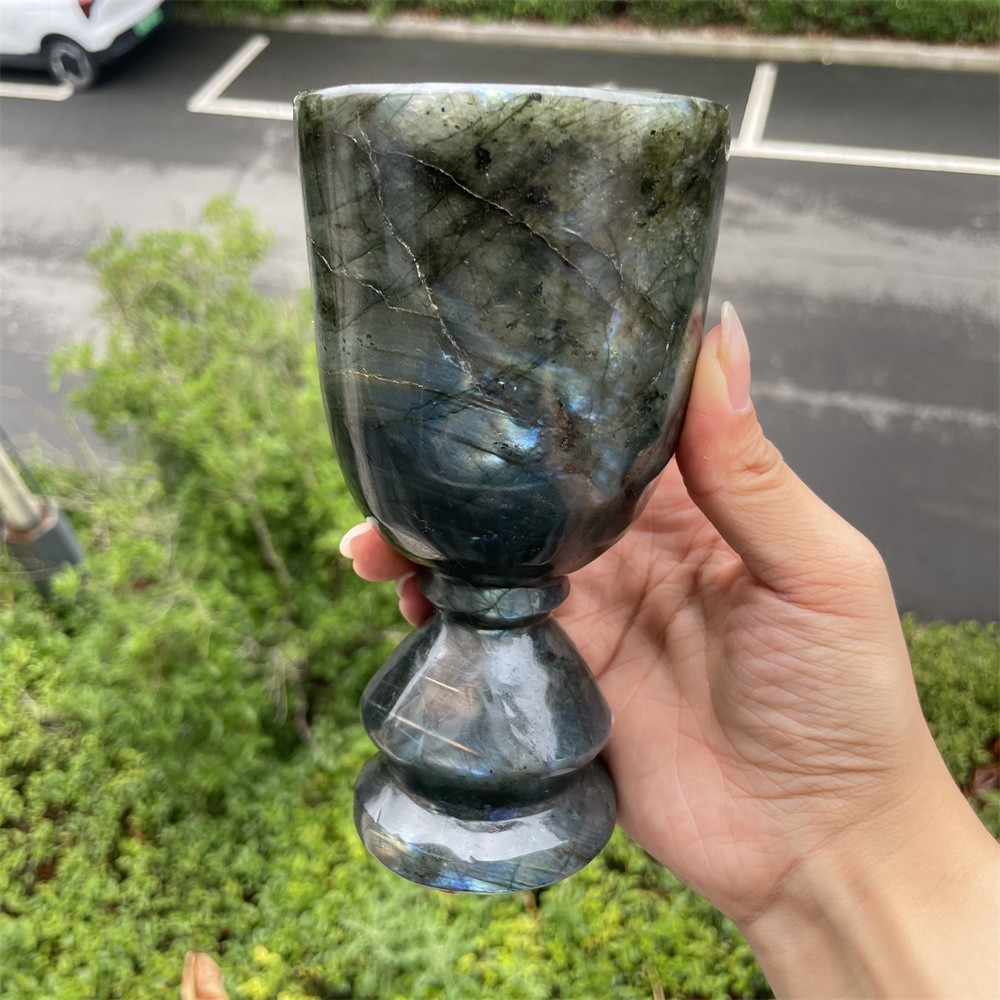 1.8LB 5.9″ Natural A+++Blue Flash Cup Carved Crystal Quartz Reiki Decor Reiki
