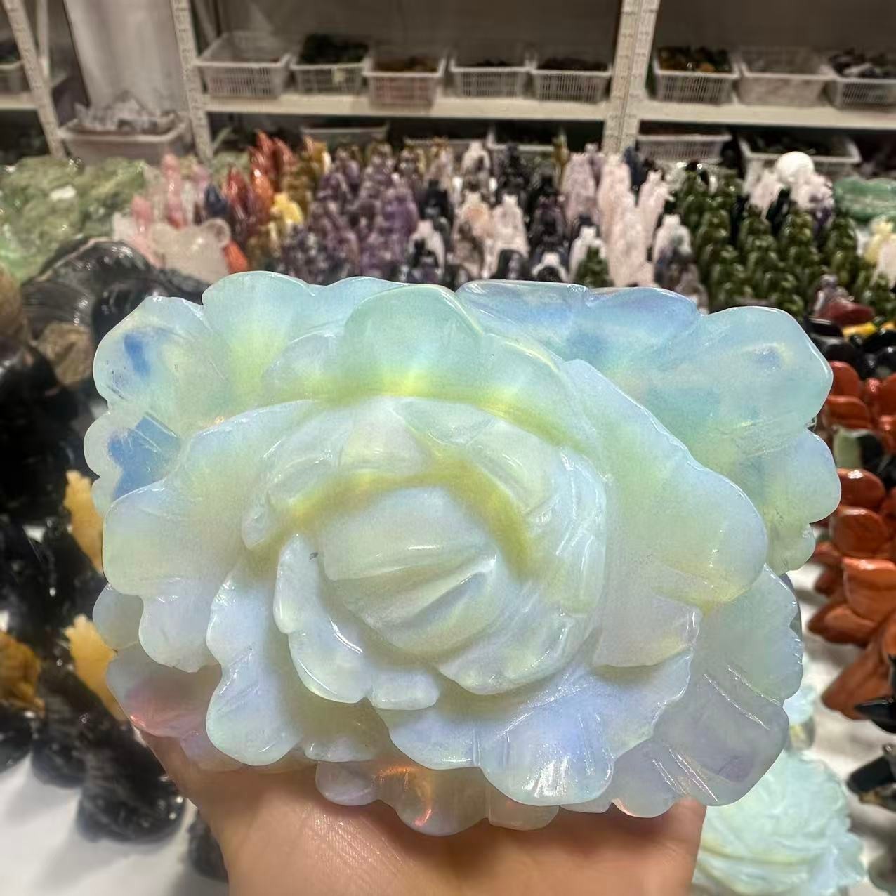 1pc White Opalite Stone Quartz Hand Carved Flower Reiki Healing Decor Gift