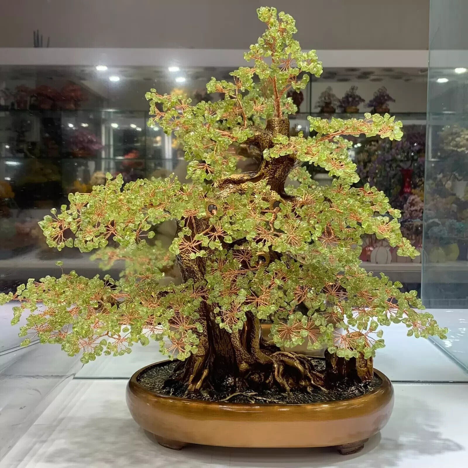 Peridot Quartz Crystal Bonsai Tree Energy Tree Gemstone tree of Life home decor