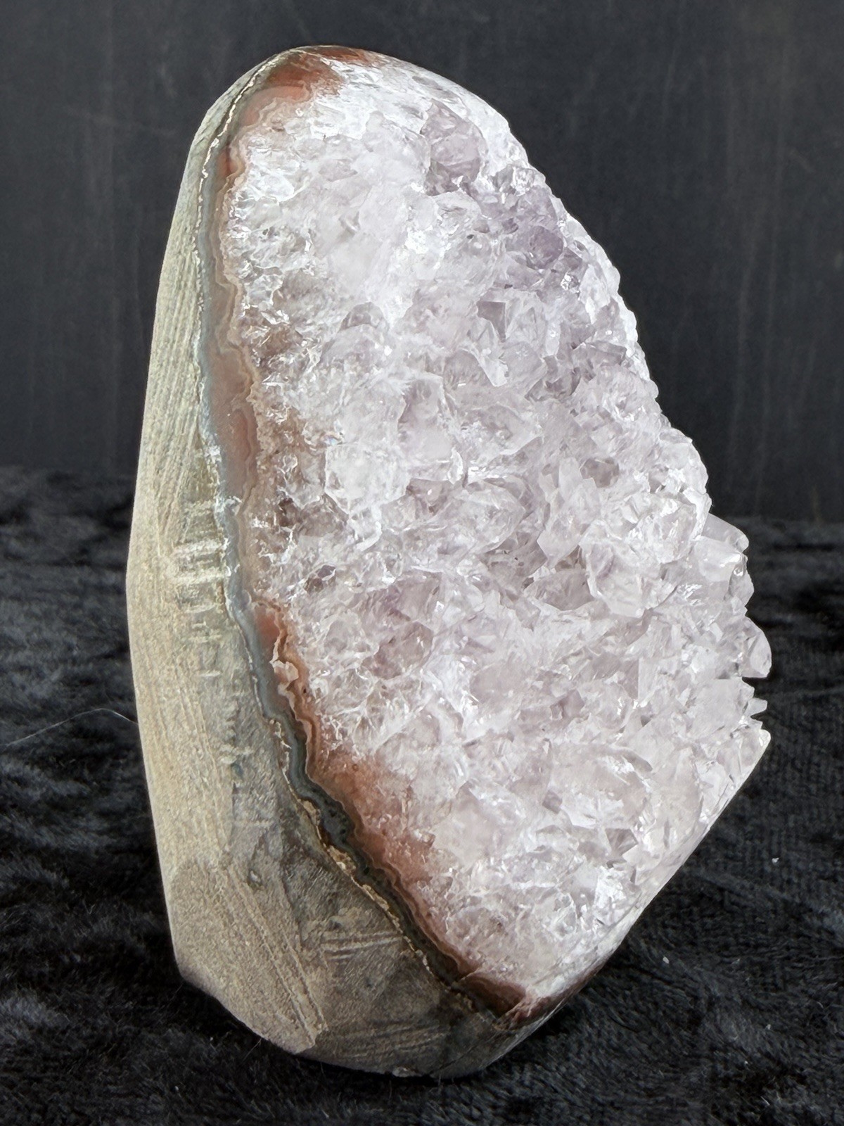 Silver Amethyst Crystals in Polished, Cut Base Lava Vug, from Uruguay 186 g.