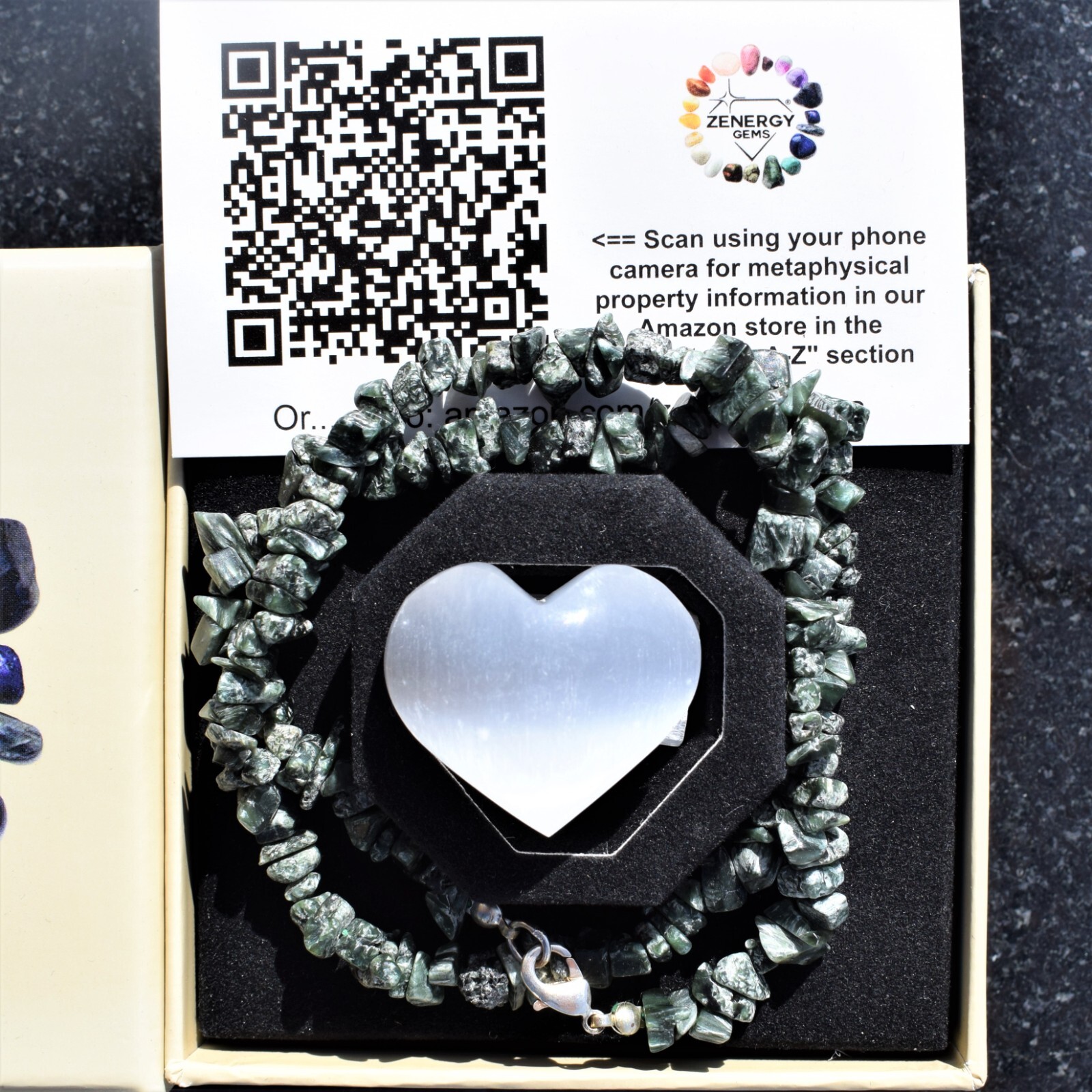 CHARGED 18″ Natural Russian Seraphinite Crystal Necklace + Selenite Heart