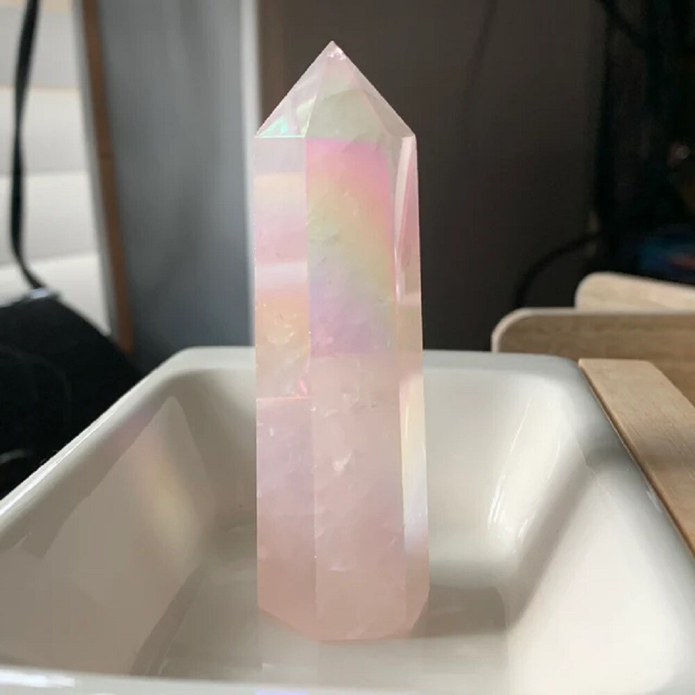 3” Angel Aura Rose Quartz Point Obelisk Rainbow Crystal Wand Tower Decoration