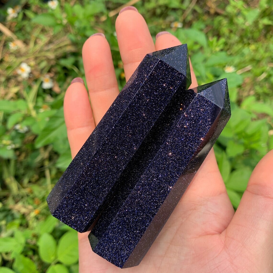 1 PCS 3 inch Blue Goldstone Point Obelisk Galaxy Space Crystal Tower Wand Decor