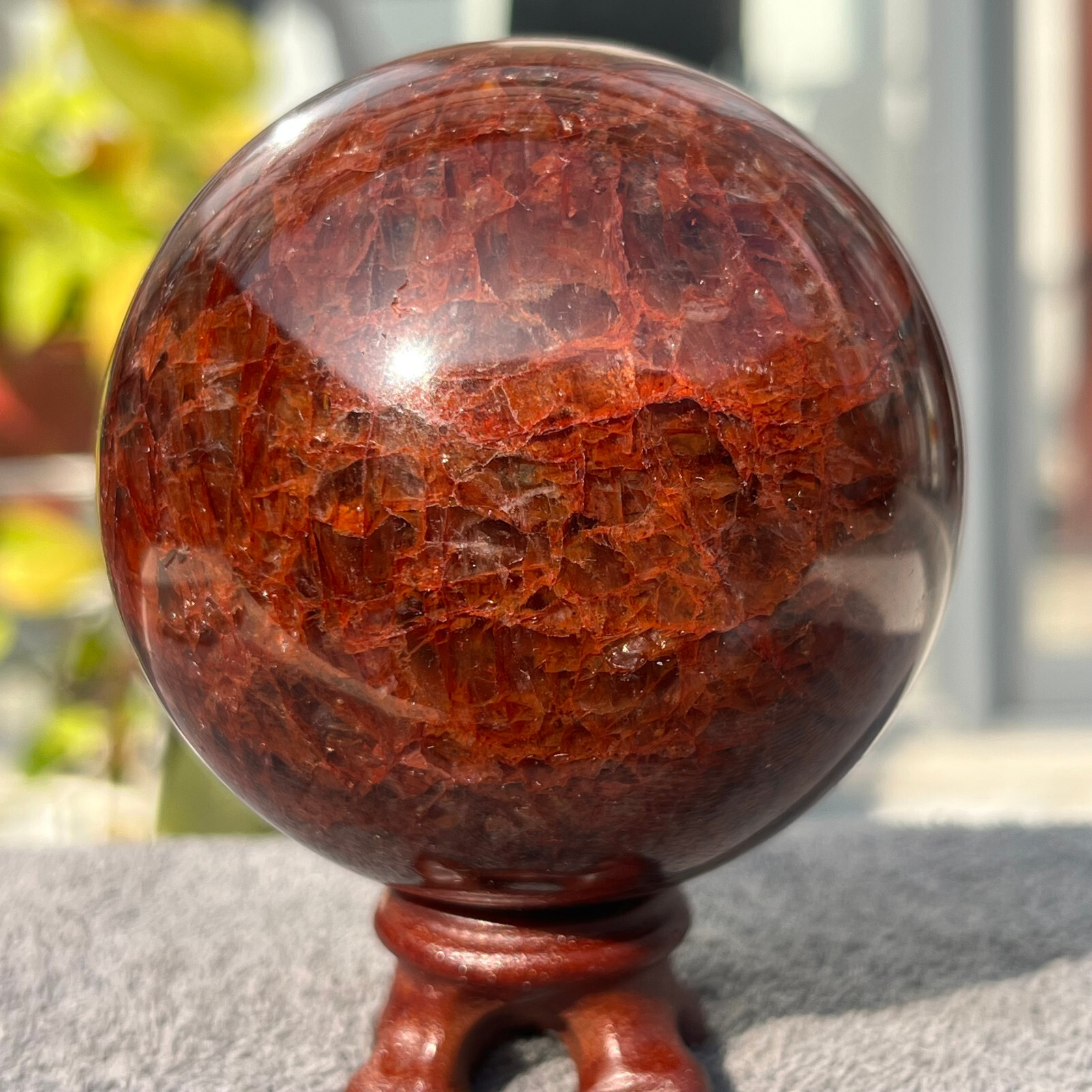 459g Natural Dark Red Phantom Hematoid Quartz Crystal Sphere Ball Healing