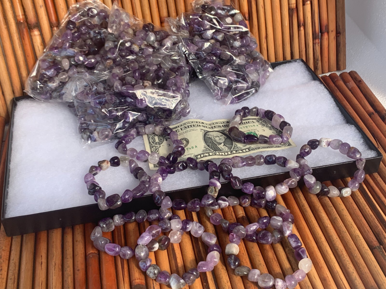 50 Amethyst Tumbled Stone Bracelets Wholesale Lot, Stretch Cord, Healing Jewelry