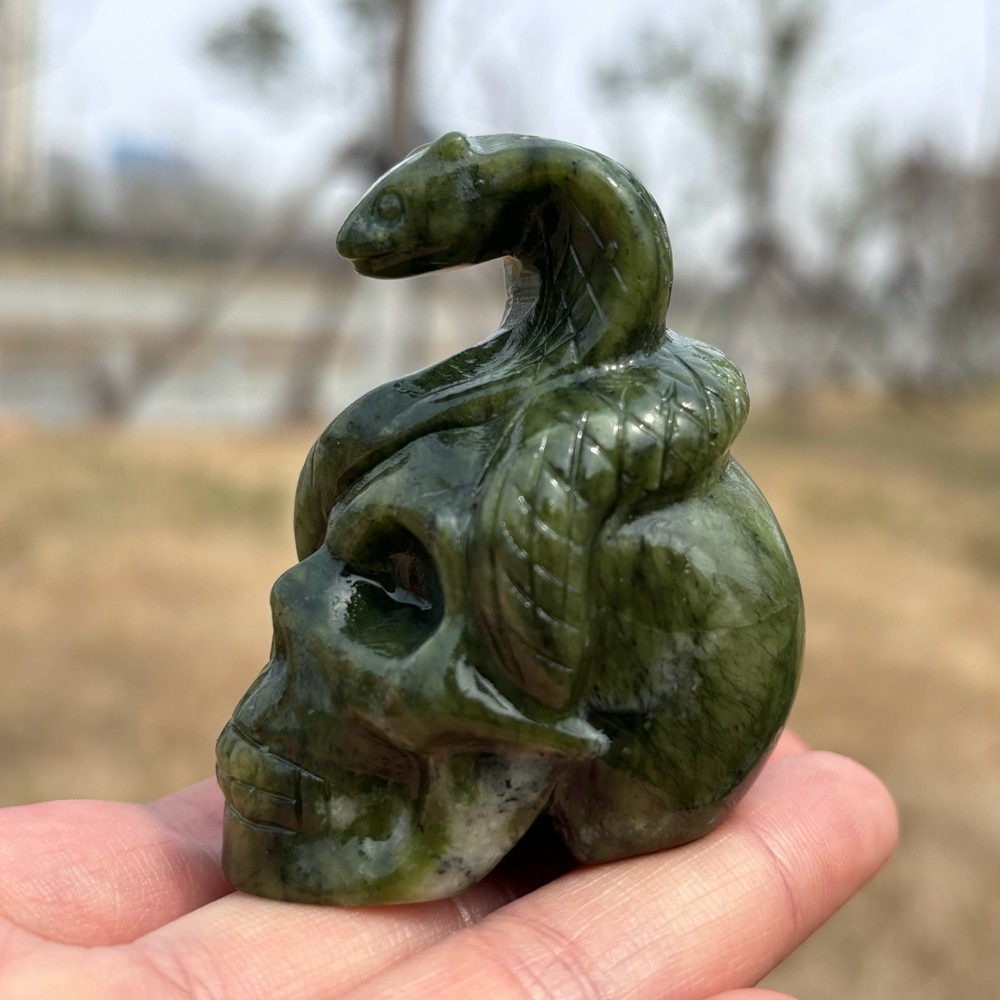 Natural Serpentine Quartz Snake Skull Carved Skull Crystal Healing Decor 1pc