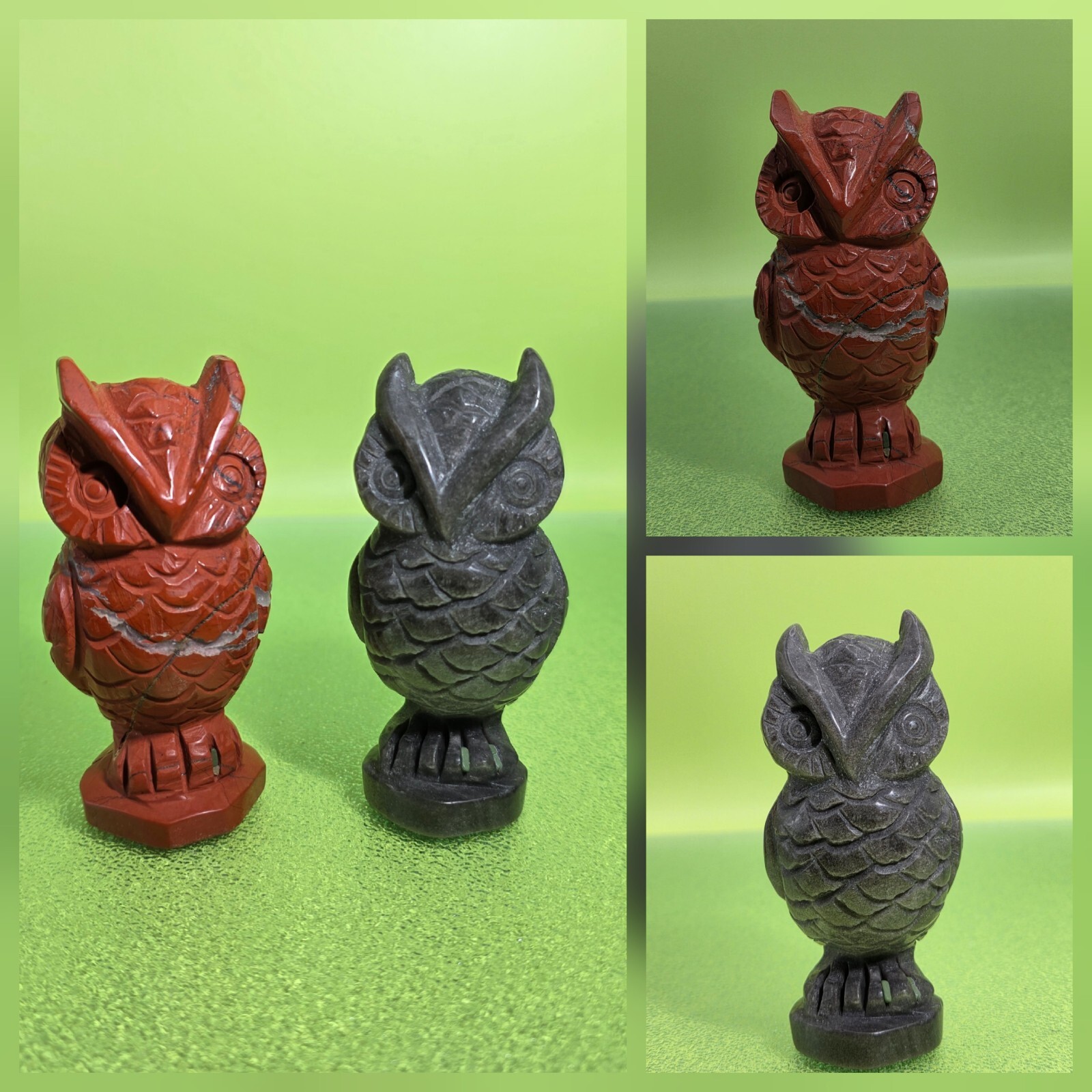 Natural Red Jasper And Silver Obsidian Hand 2 Carved Crystal Owl Figurine Set