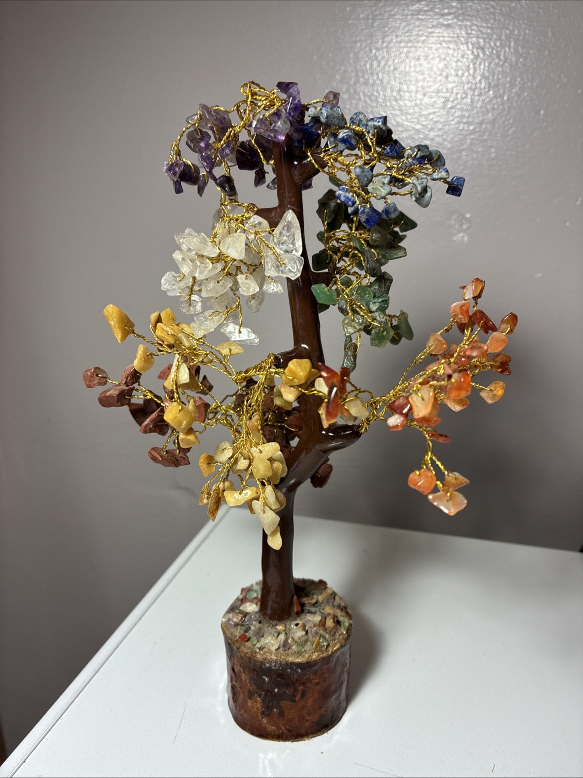 Vintage Handmade Wired Semi-precious Stone Tree Figurine Lapis Jade Crystal Wood