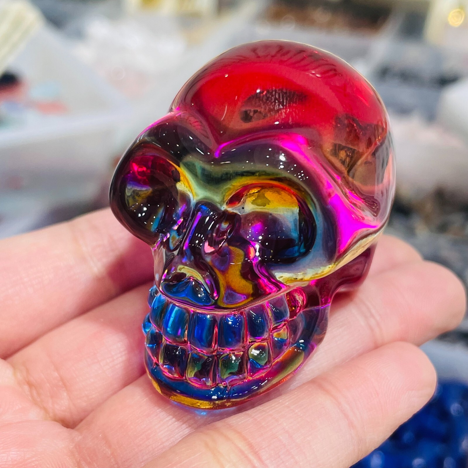 2″ Rainbow Titanium melting Quartz Hand carved skull crystal reiki healing 1PC