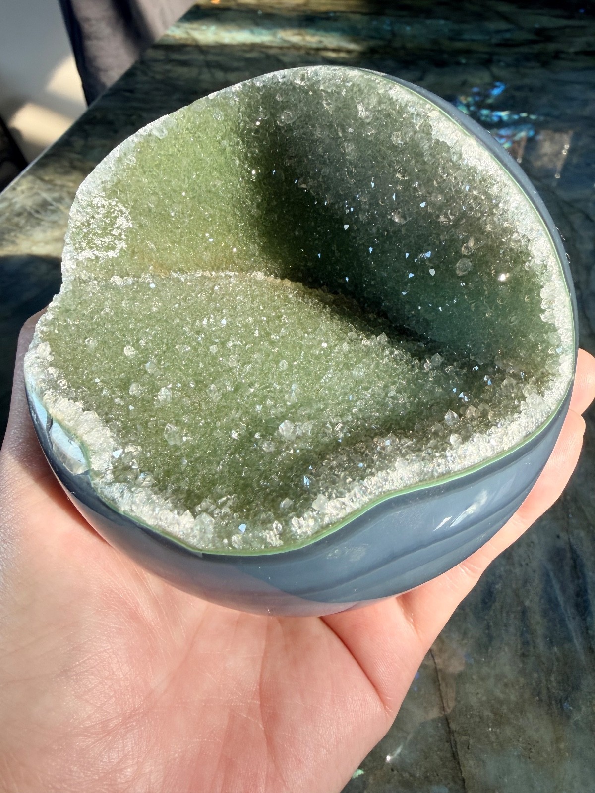 Druzy Green Rainbow Amethyst Sphere with Blue Agate Banding From Uruguay, 4.07″