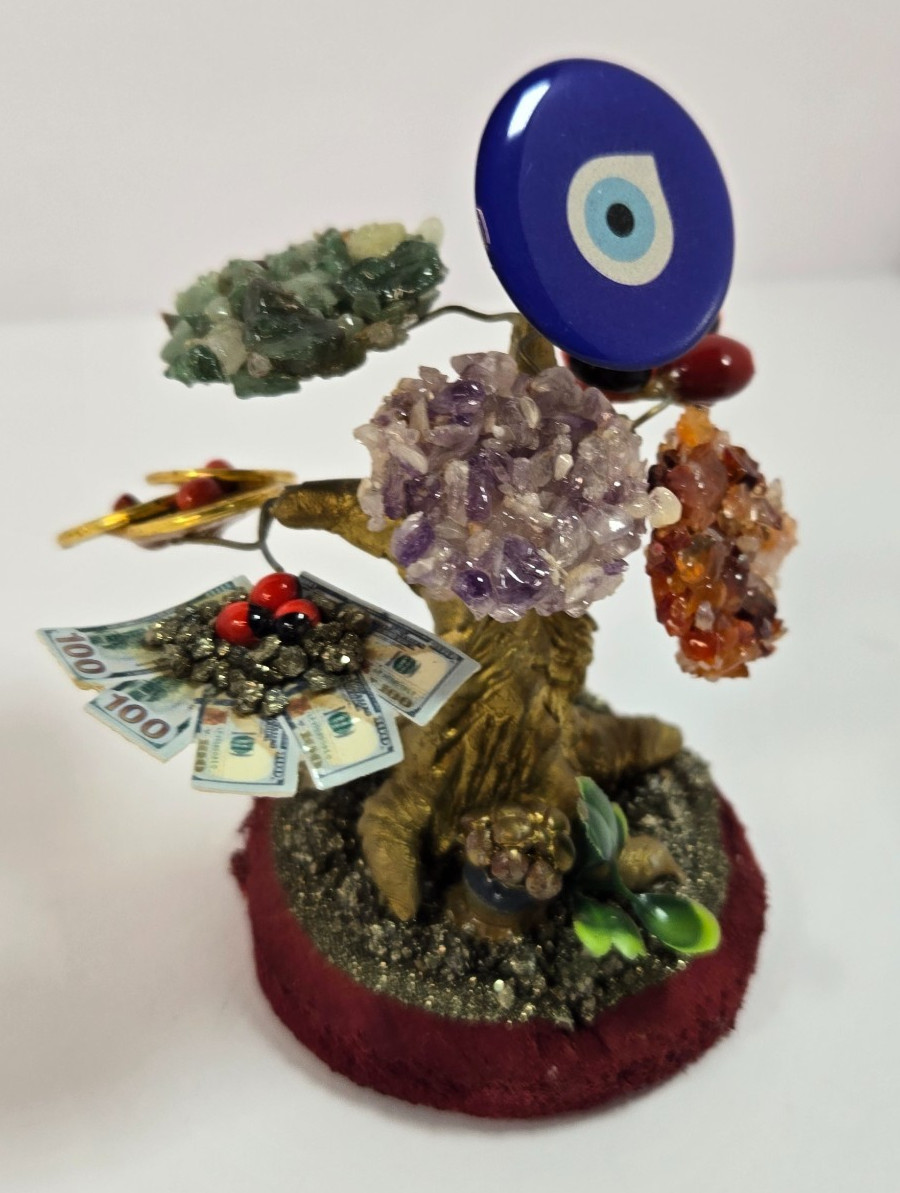 Handcrafted Gemstone Money Tree Evil Eye Amethyst Citrine Pyrite Decor Pre-Owned