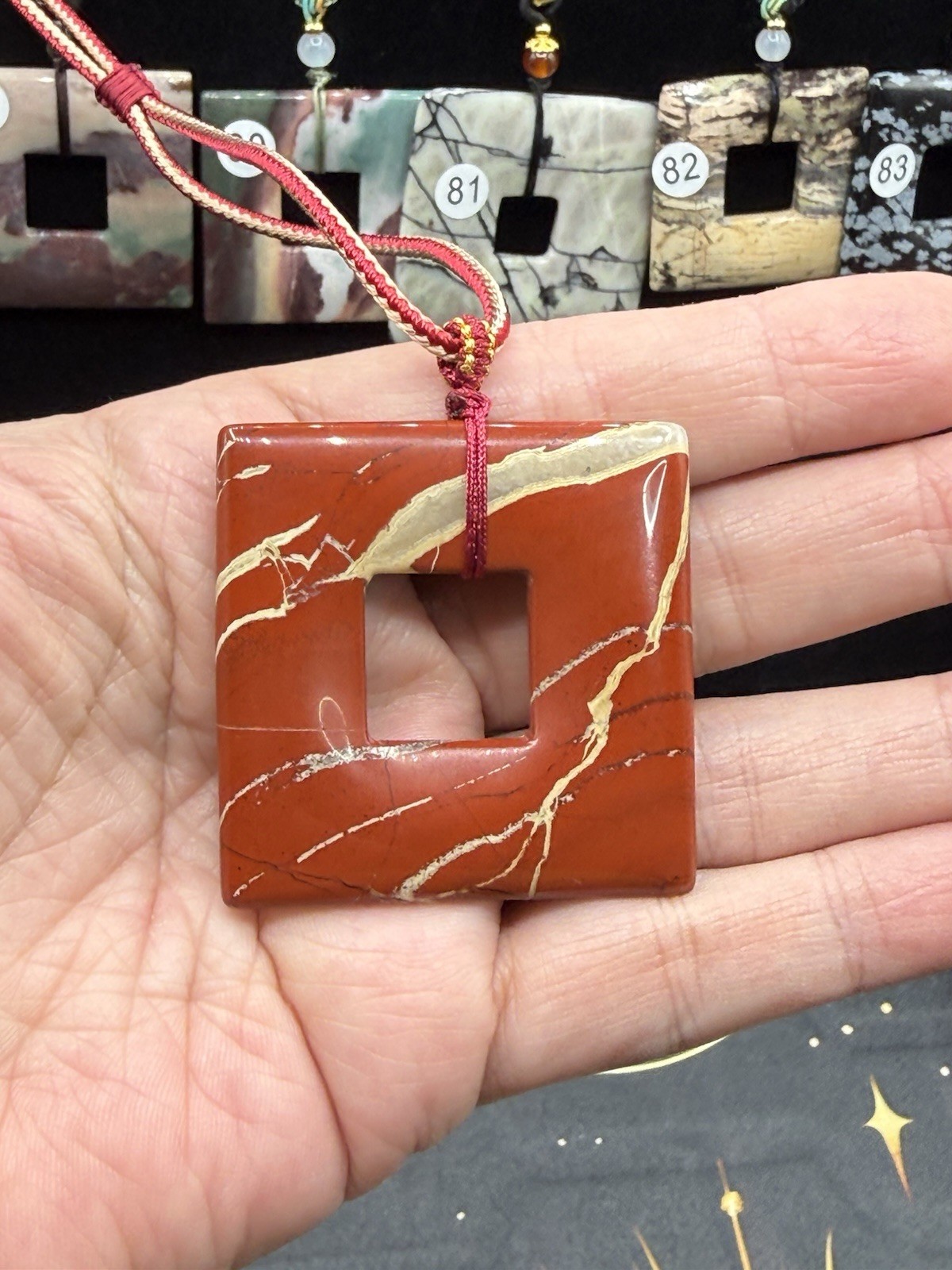 Natural Mixed Crystal Material Square Donut style pendants on Adjustable cord