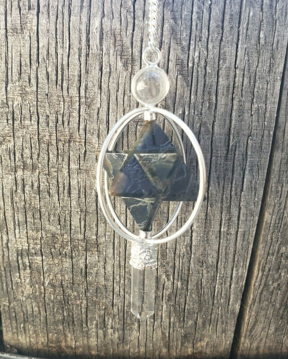 NATURAL BLUE TIGER EYE GEMSTONE 3 STONE MERKABA STAR SPINNING PENDULUM