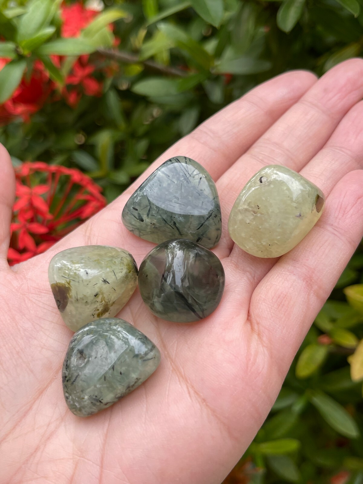 Prehnite With Rutile Tumbled Stones, 0.8-1″ Tumbled Prehnite Stones, Bulk lots