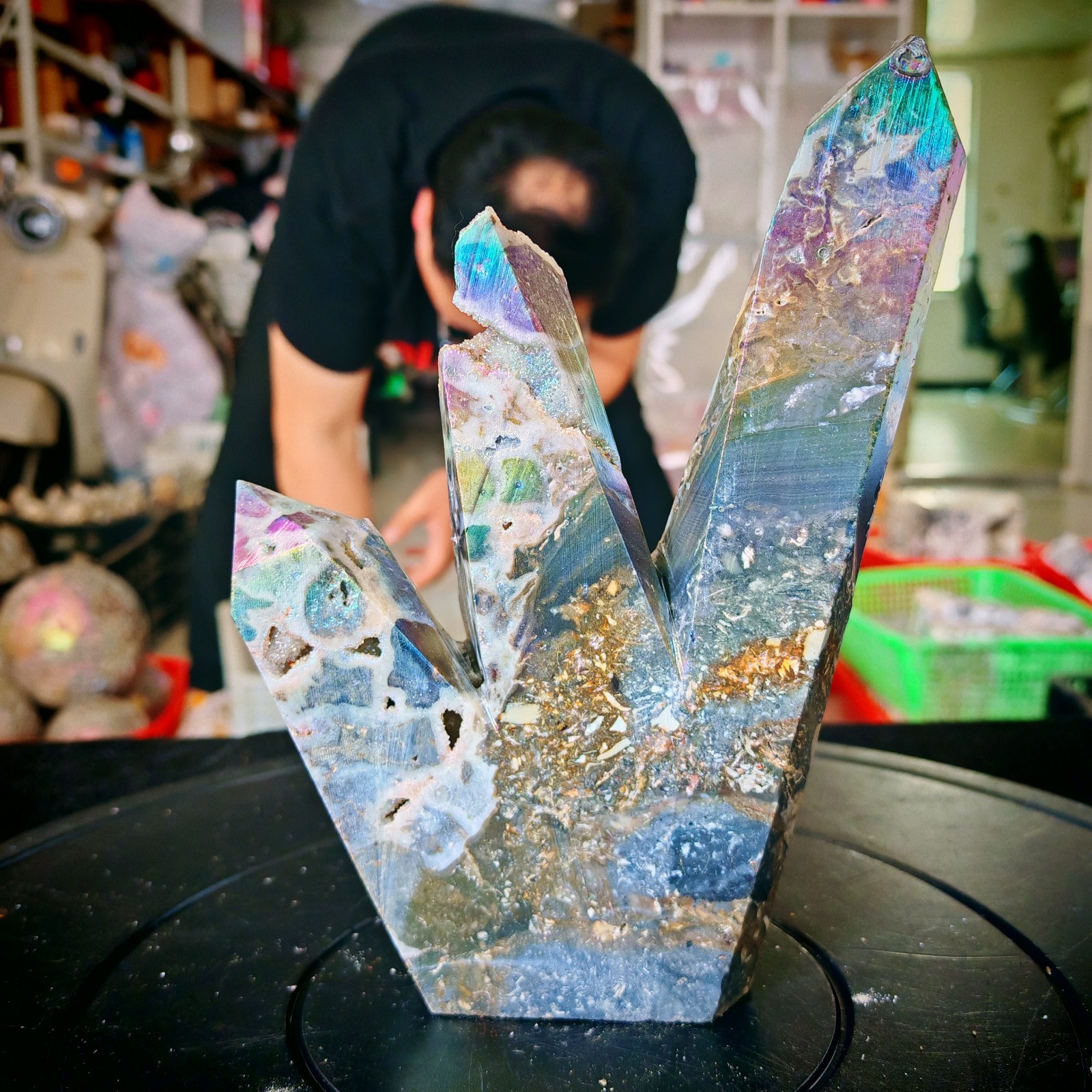 3.3LB natural electroplated sphalerite multi pointed column polishing 1.5kg