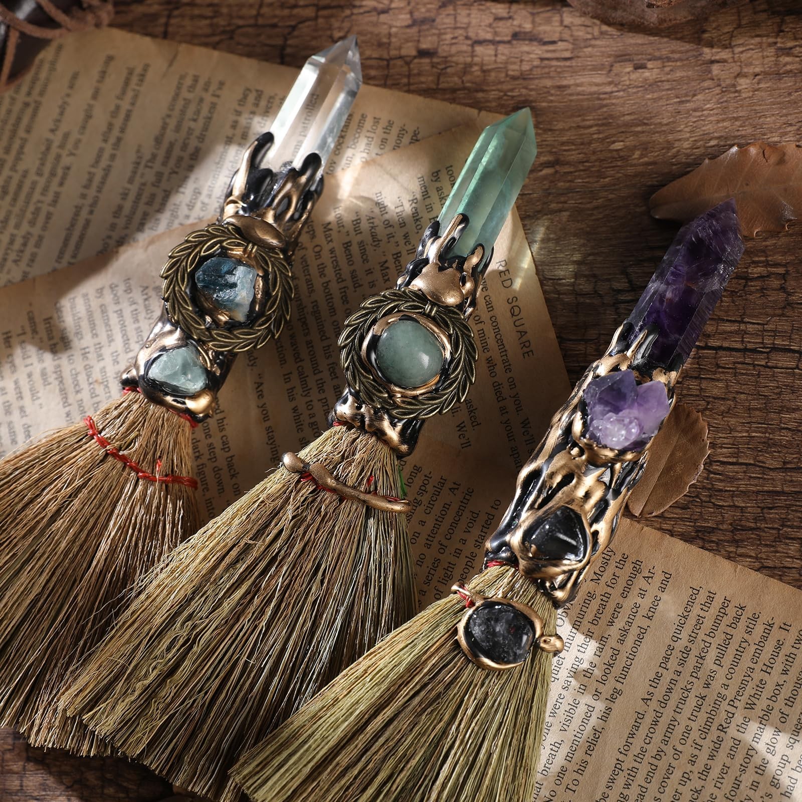 Witch Crystal Altar Broom – Natural Crystal Magic Broom for Wiccan Décor Hall…