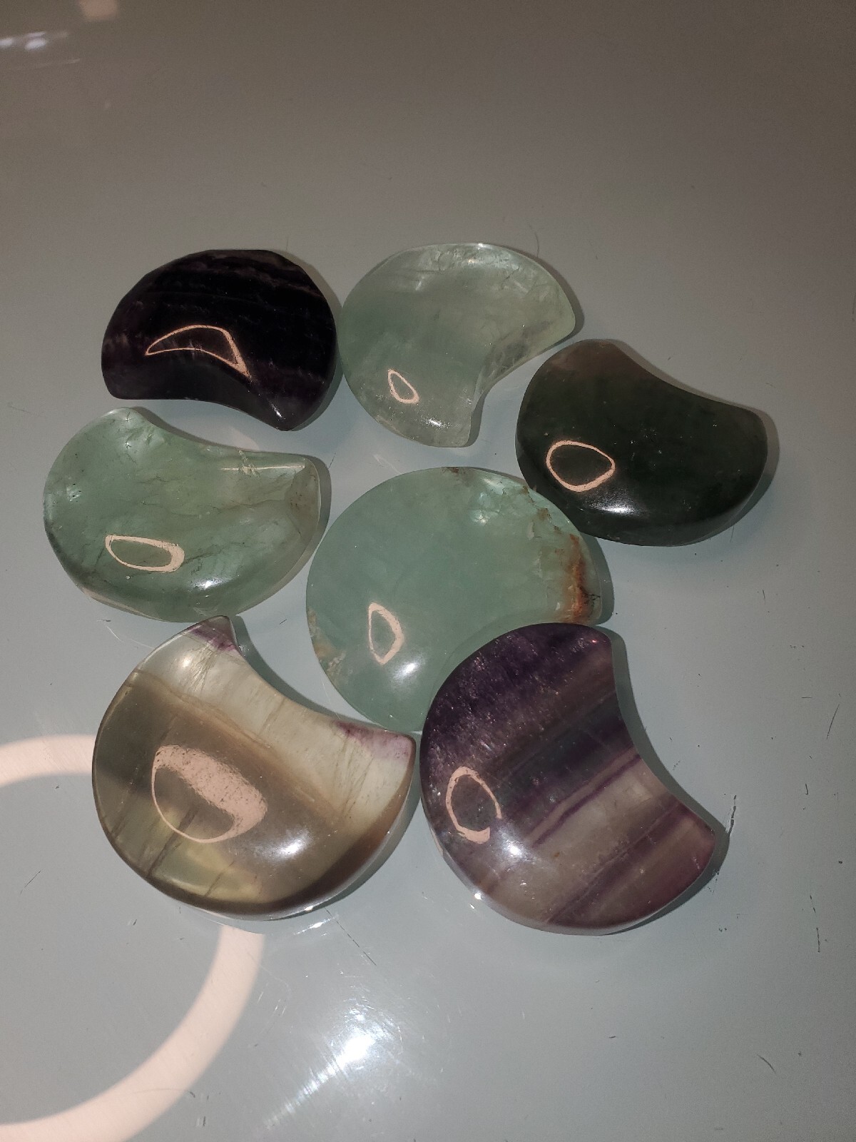 7pcs Natural Carved Flourite Moon crystal quartz specimen reiki healing Gift