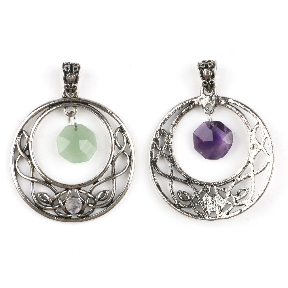 Natural Faceted Crystal Hexagonal Pendant Round Hollow Celtic Knot Beads Chakra