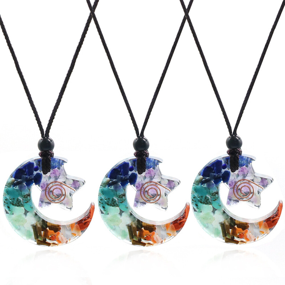 1X Organite Star Moon Necklace Chakra Pendant Epoxy Resin Chips Crystal Orgone