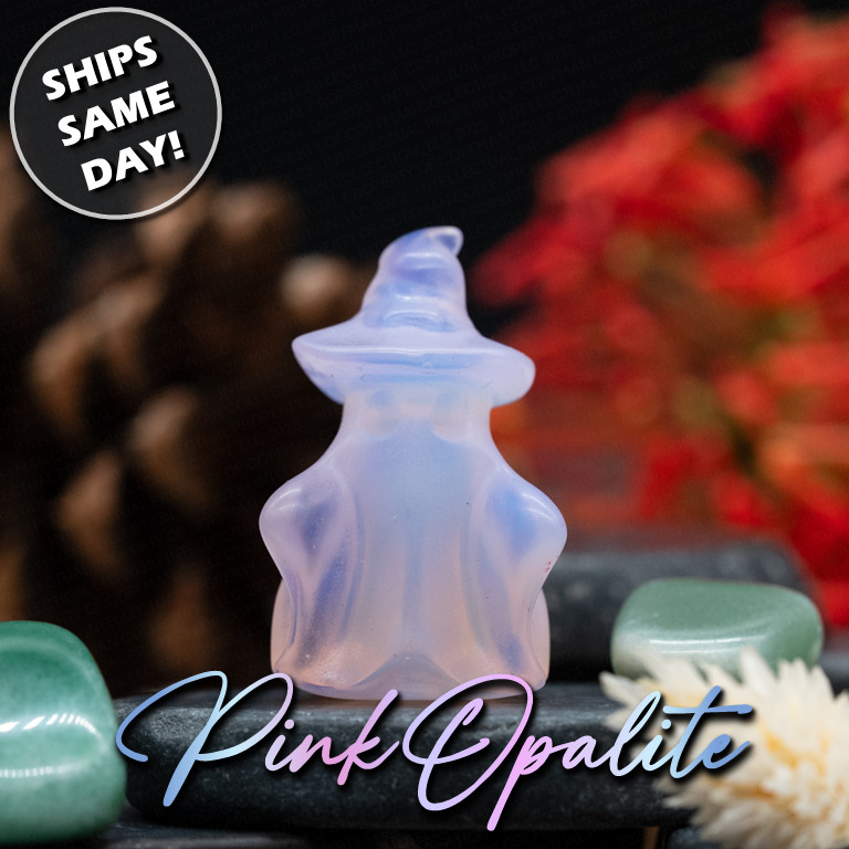 Pink Opalite Crystal Ghost Carving Stone Halloween Ghost Witch Hat Home Decor