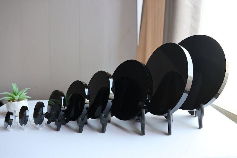 Natural Obsidian Mirror,Obsidian Wafer,Crystal Disk,Reiki Crystal Gift + stand