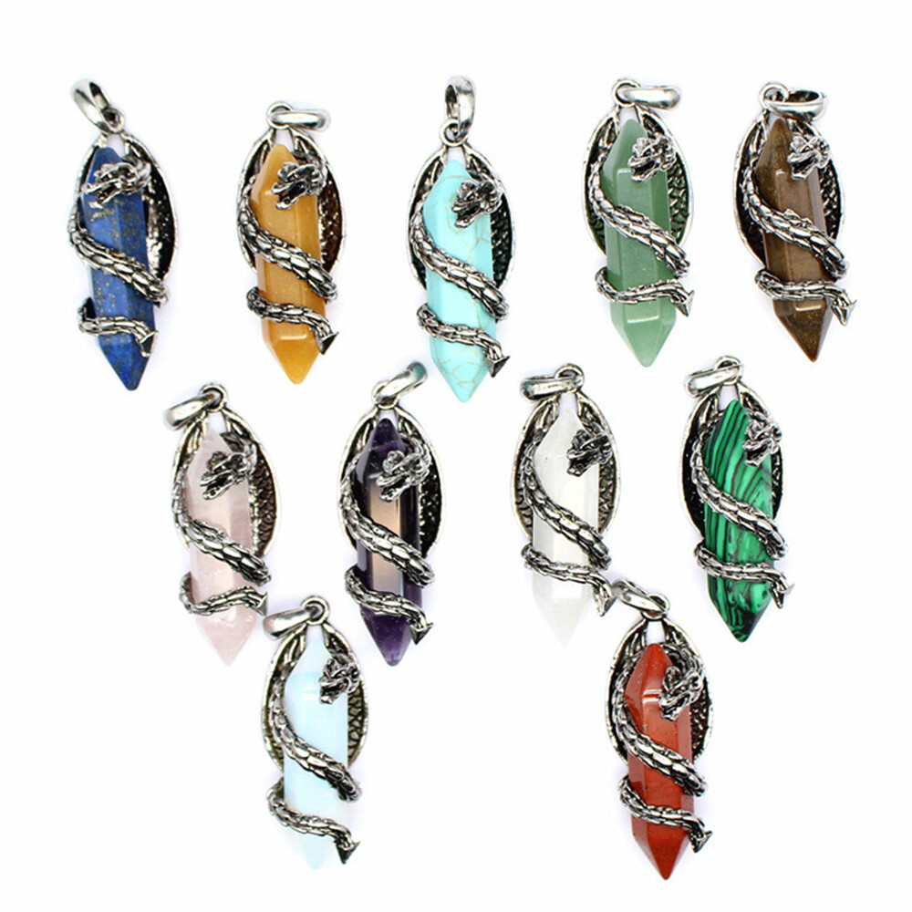 Natural Chakra Crystal Quartz Dragon Pendant Double Pointed Hexagon Column Stone