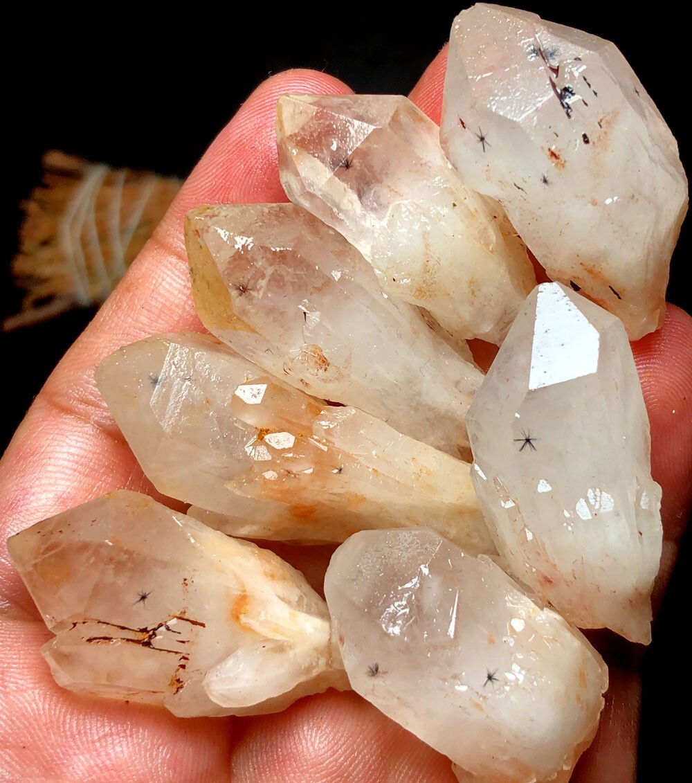 103g 7PCS Natural Hollandite Star Quartz CRYSTAL Cluster Point&Trapiche Hair p83