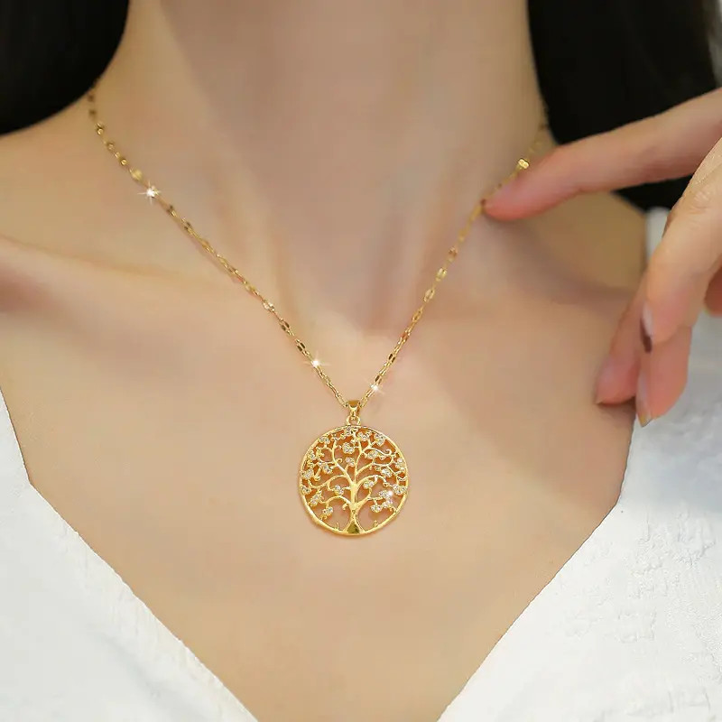 Women’s Fashion Jewelry Gold Cubic Zircon Tree Of Life Pendant Necklace 1PC