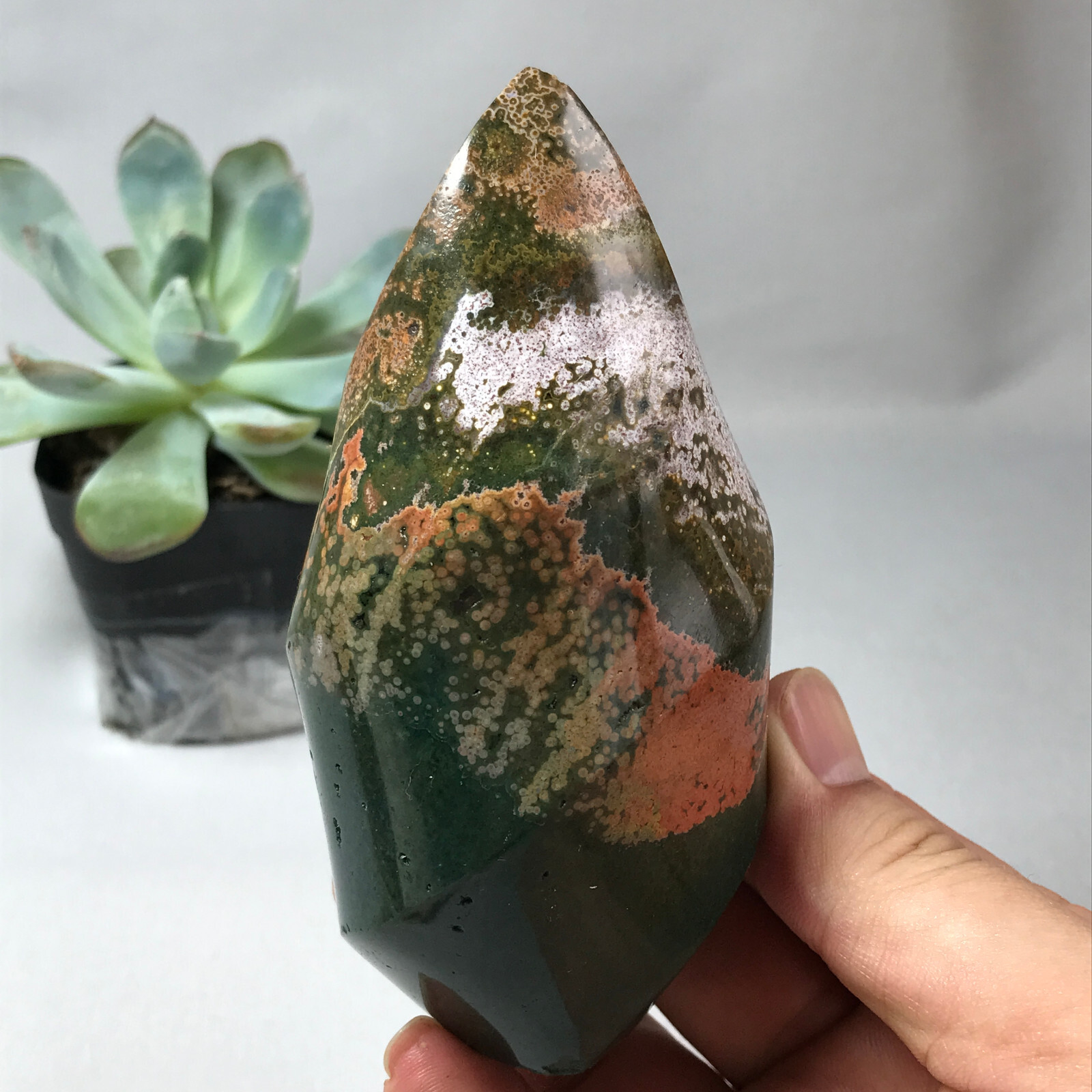 Natural Ocean Jasper torch Hand carve polish Crystal free standing 362g g6632
