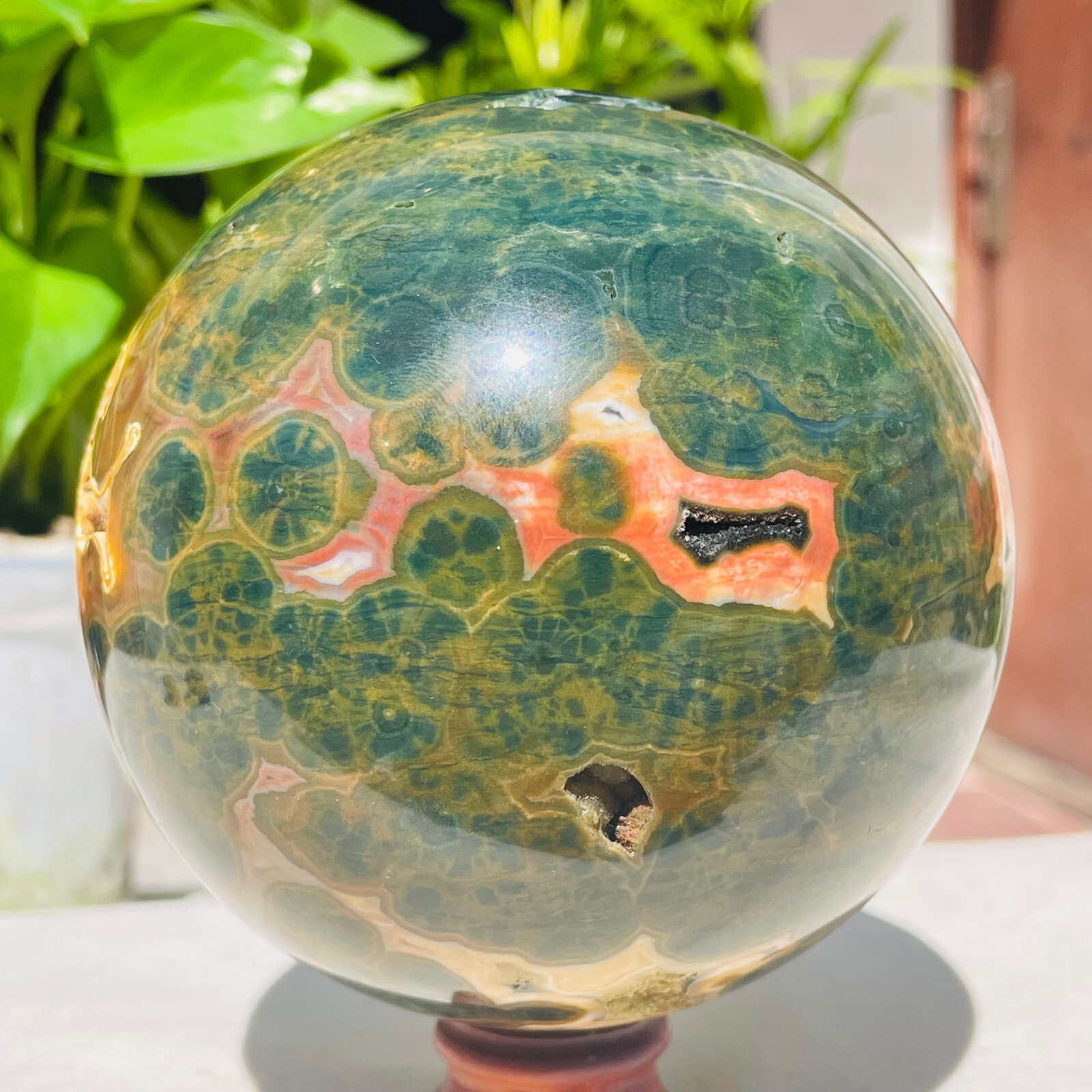 3.31LB Natural Yellow Green Ocean Jasper Quartz Crystal Sphere Geode Specimen