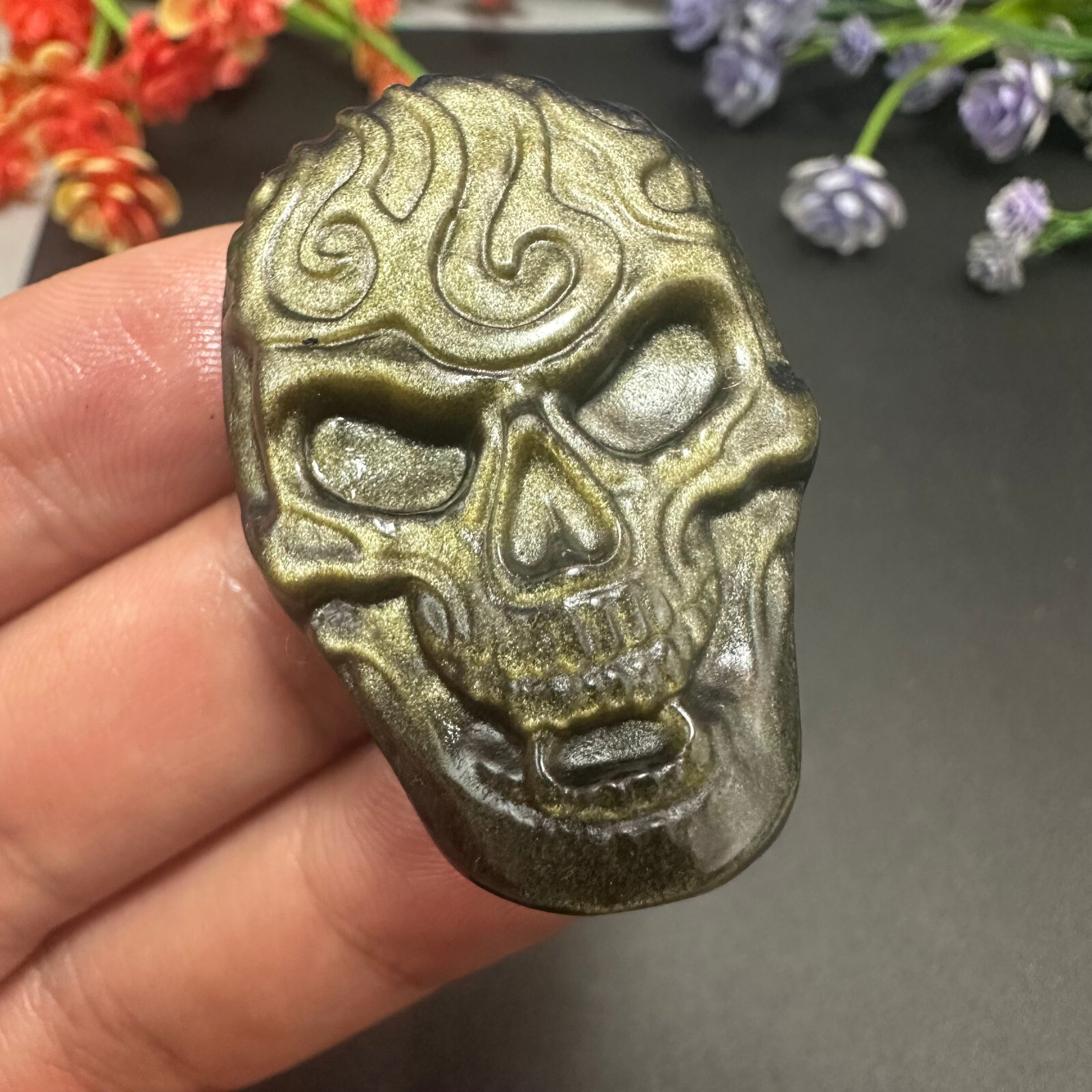 Natural Gold Obsidian Skull Quartz Skeleton Crystal Specimen Reiki Healing 1pc